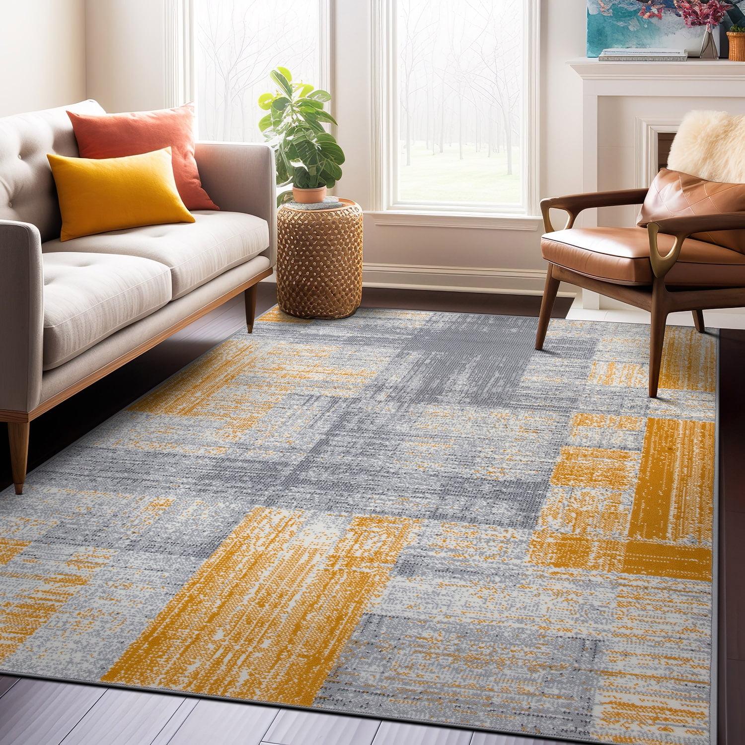 Yellow and Gray Geometric Distressed Area Rug 5' x 7'