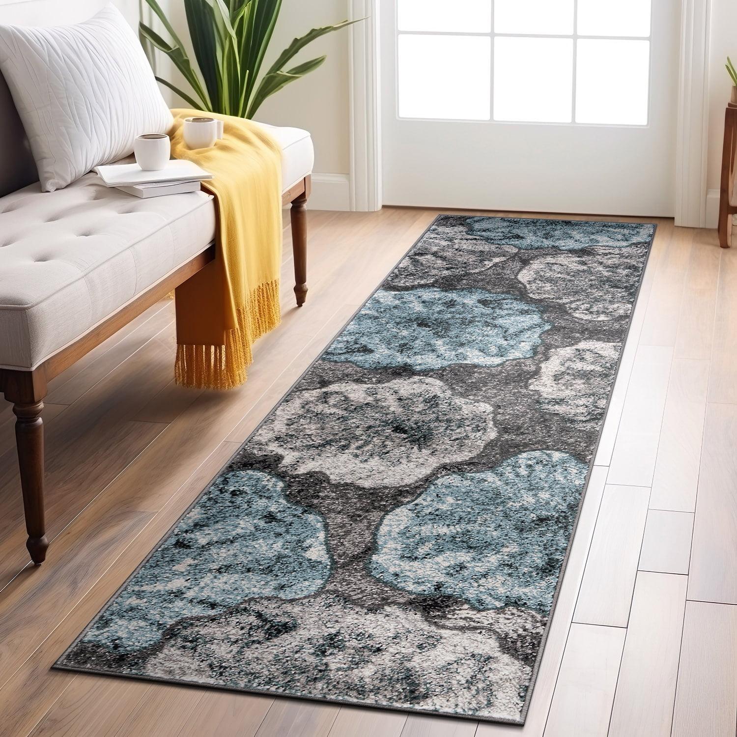 Blue Floral Synthetic Stain-Resistant Runner Rug 2' x 7'