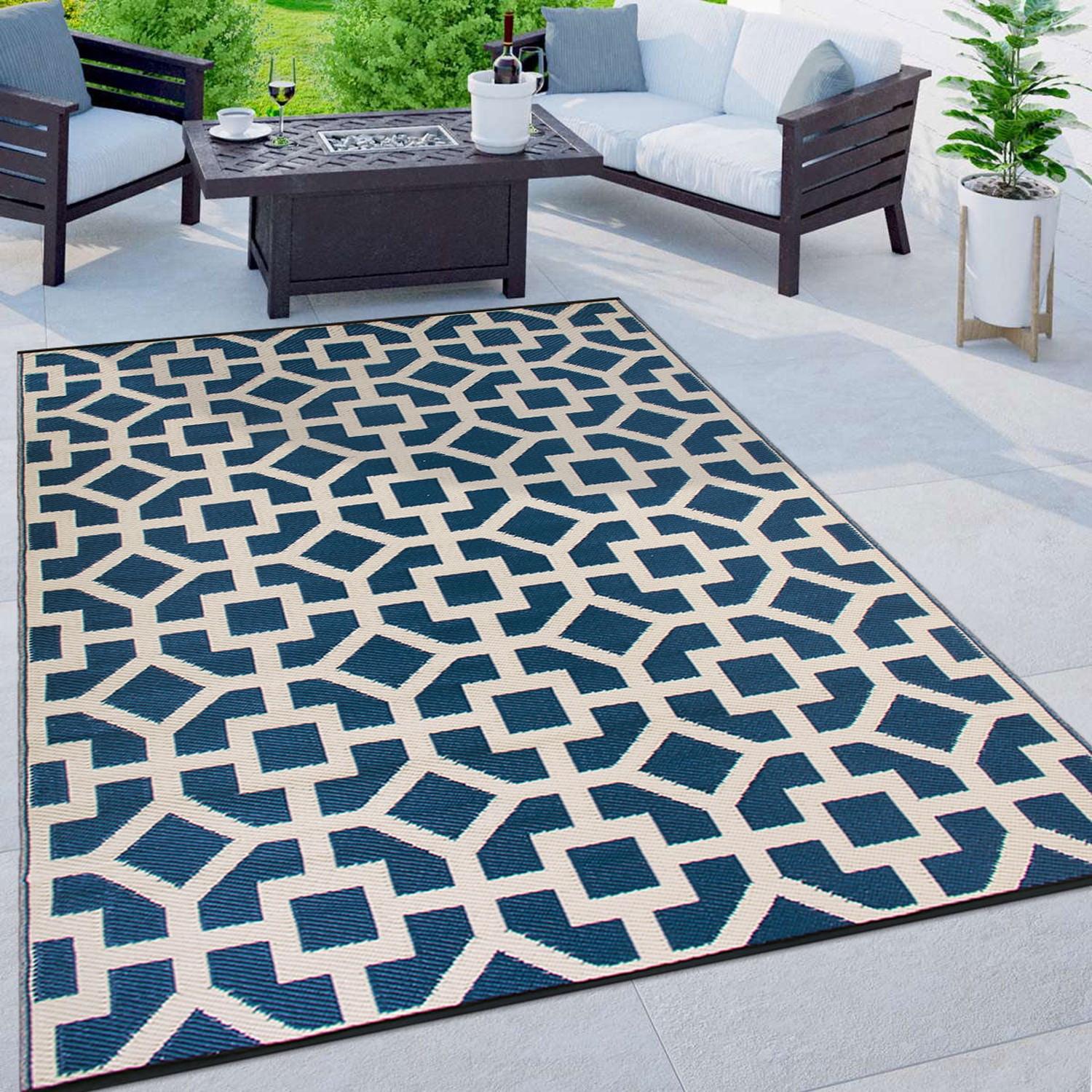 World Rug Gallery Contemporary Geometric Reversible Plastic Indoor and Outdoor Rugs - NAVY 3'x5':  Flat Pile,  UV-Resistant