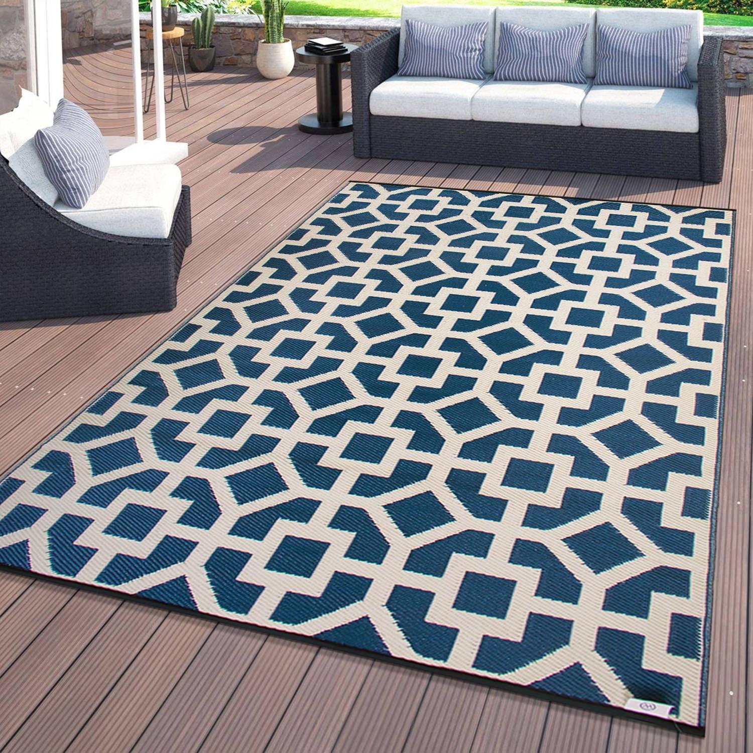 World Rug Gallery Contemporary Geometric Reversible Plastic Indoor and Outdoor Rugs - NAVY 3'x5':  Flat Pile,  UV-Resistant