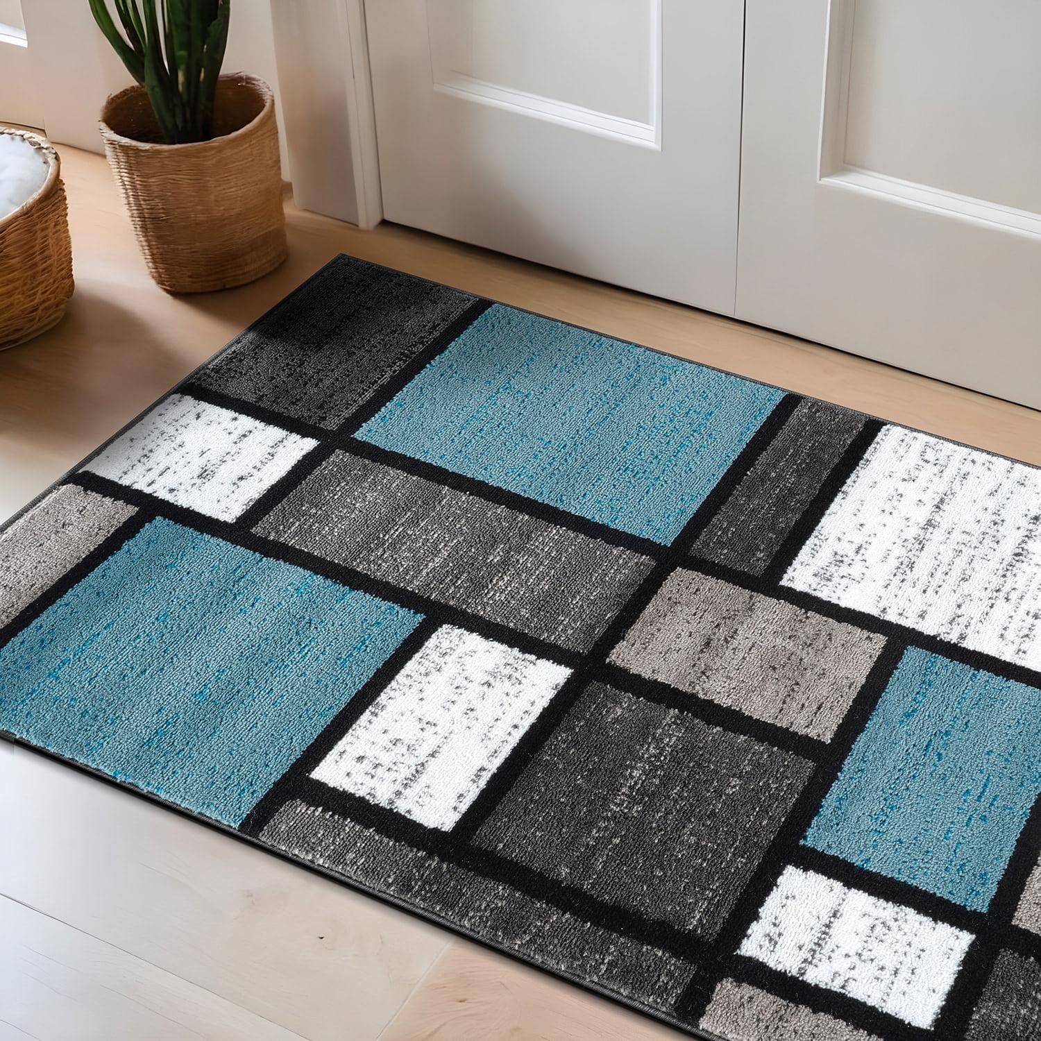 World Rug Gallery Contemporary Modern Boxed Color Block Area Rug - Blue 2'7"x4'