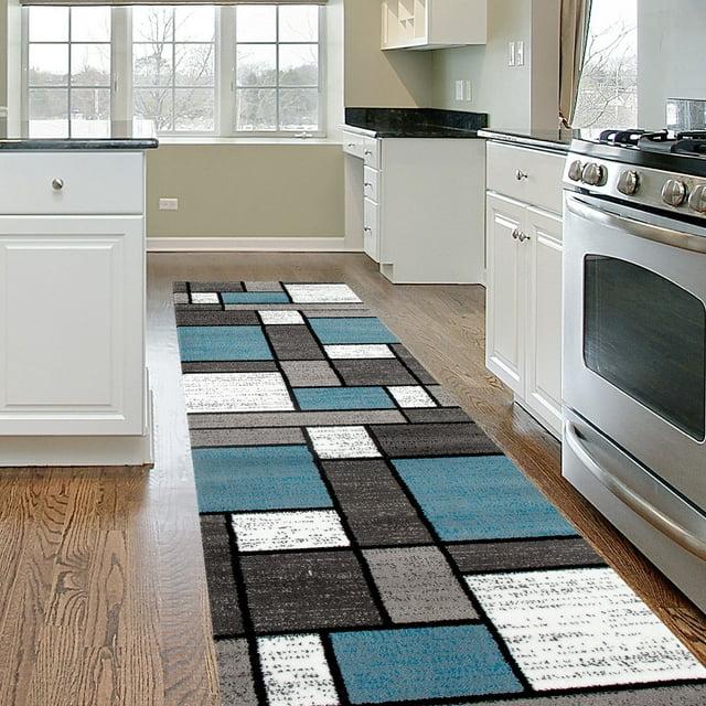 World Rug Gallery Contemporary Modern Boxed Color Block Blue Gray 2'x10' Runner Rug