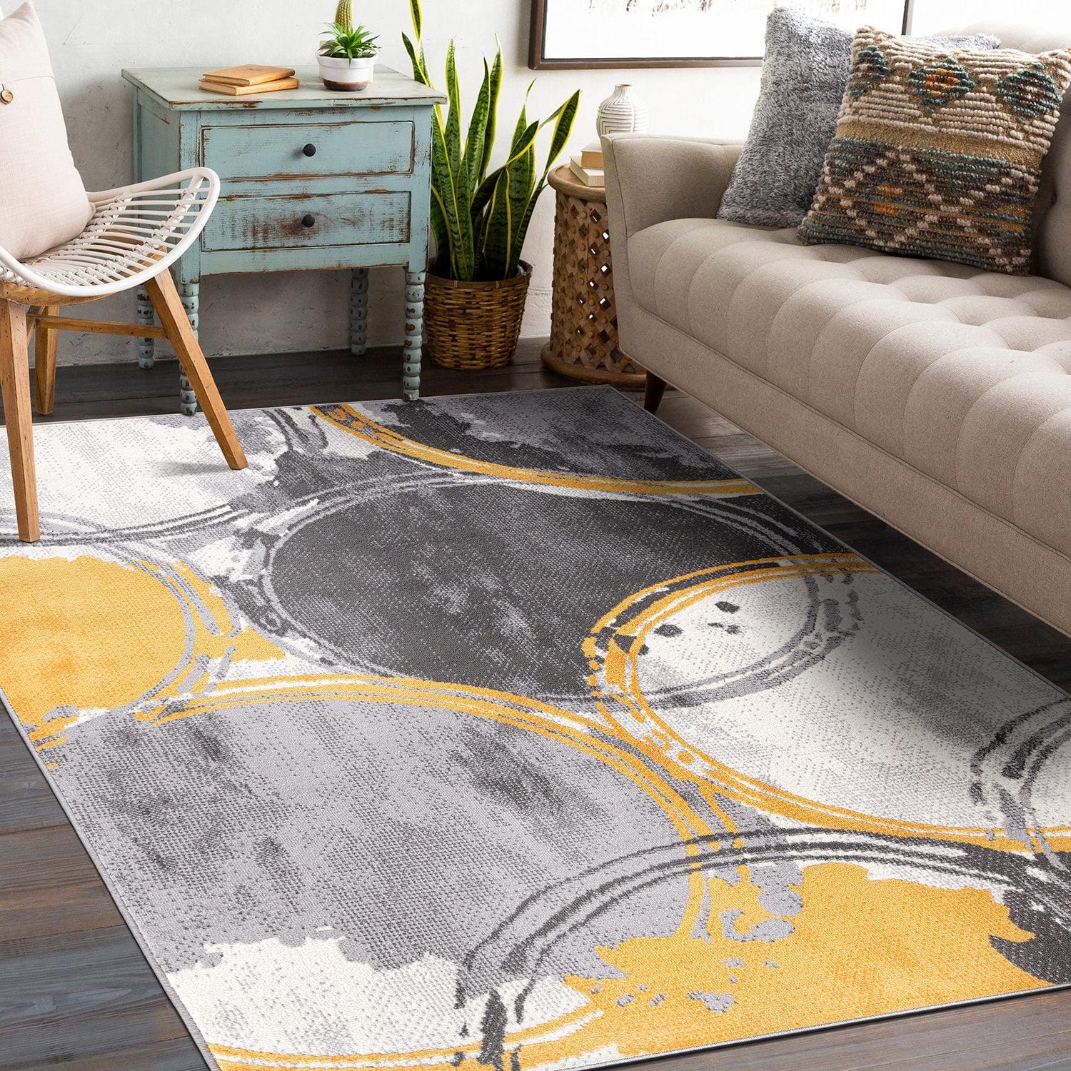 Yellow and Gray Geometric Circles 5' x 7' Synthetic Area Rug