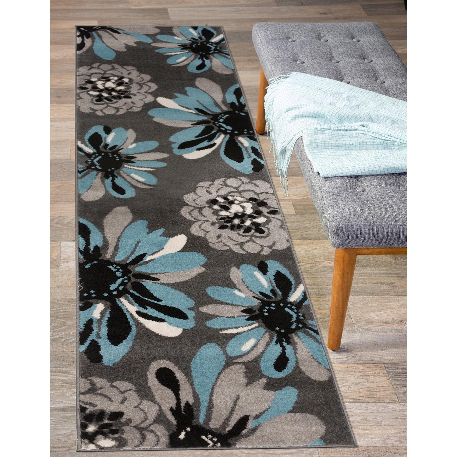 World Rug Gallery Contemporary Modern Flowers Area Rug - Blue 2'x10': Stain-Resistant Runner, Low Pile, Floral Pattern