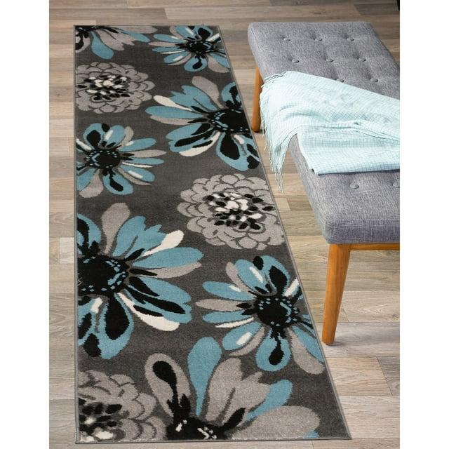 World Rug Gallery Contemporary Modern Flowers Area Rug - Blue 2'x10': Stain-Resistant Runner, Low Pile, Floral Pattern