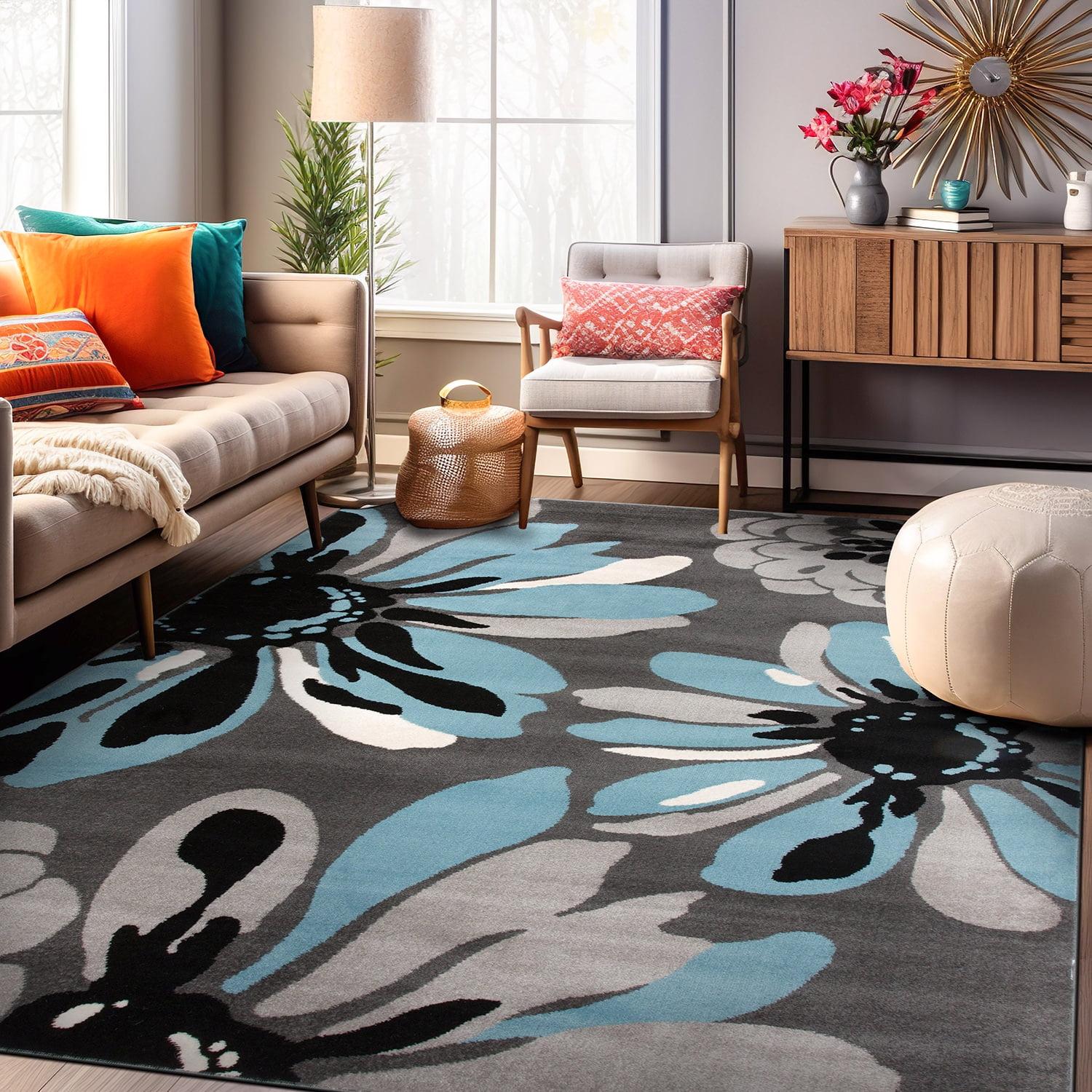 Blue Floral Synthetic 5' x 7' Reversible Area Rug