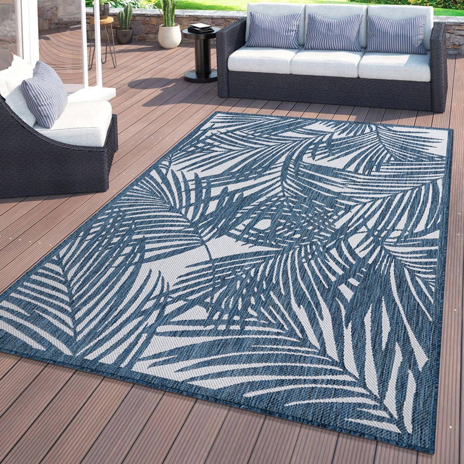 World Rug Gallery Contemporary Palm Leaf Textured Flat Weave Indoor/Outdoor Area Rug - NAVY 5' X 7'