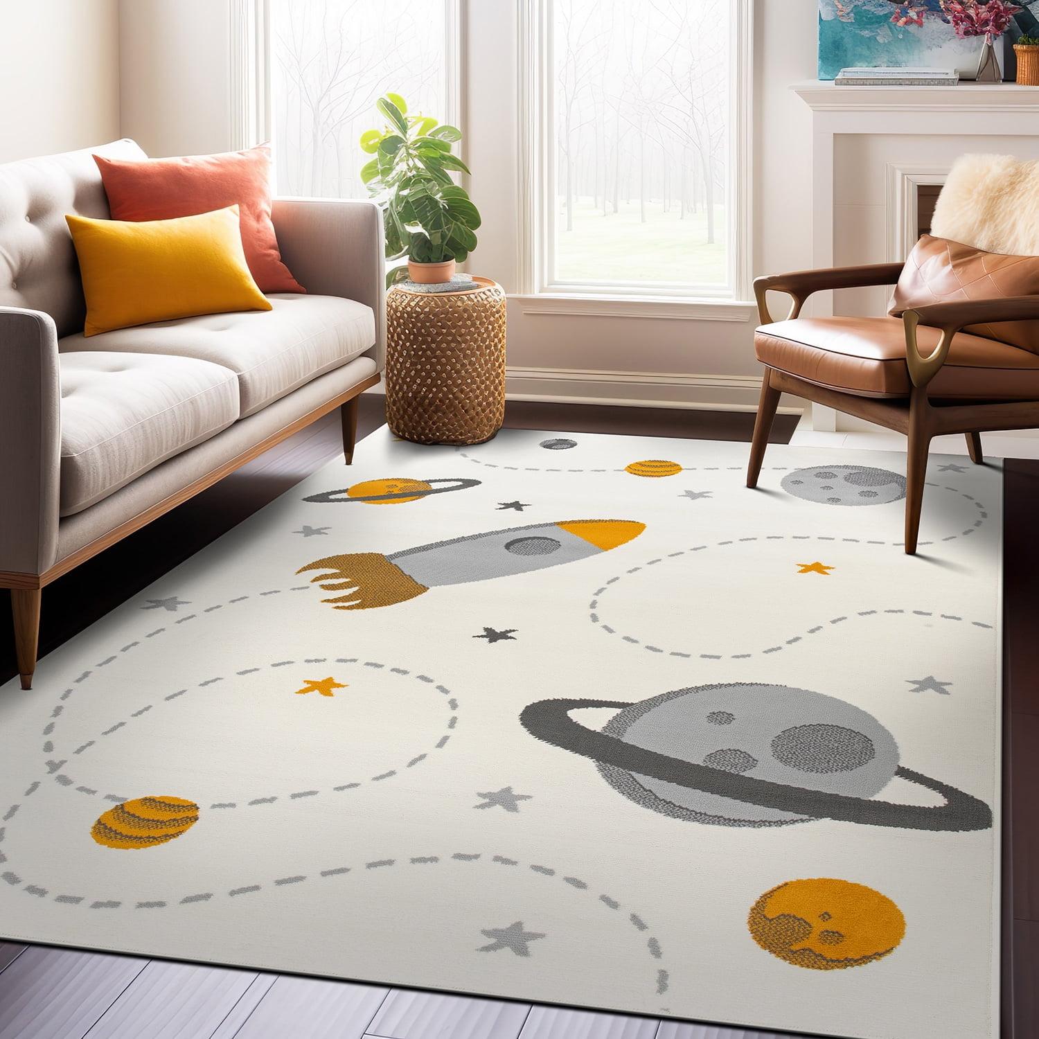 Cosmic Adventures White and Gray Space Kids Rug 8' x 10'