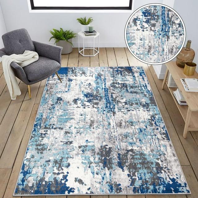 World Rug Gallery Distressed Modern Abstract Area Rug - Blue 5' x 7':  Stain-Resistant,  Low Pile,  Machine Made,  Indoor