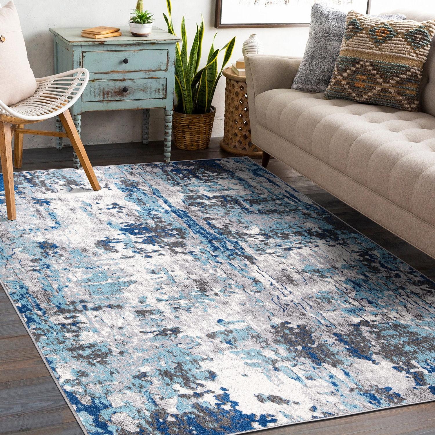 World Rug Gallery Distressed Modern Abstract Indoor Area Rug - Blue 7'10" x 10':  Stain-Resistant,  Low Pile,  Machine Made