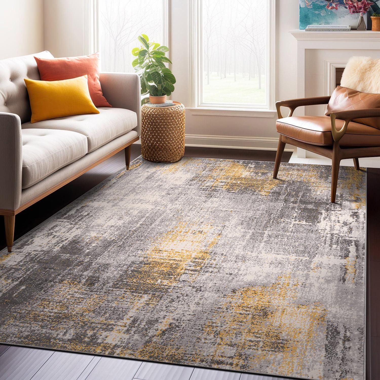 Yellow and Gray Abstract Stain-Resistant Synthetic Area Rug