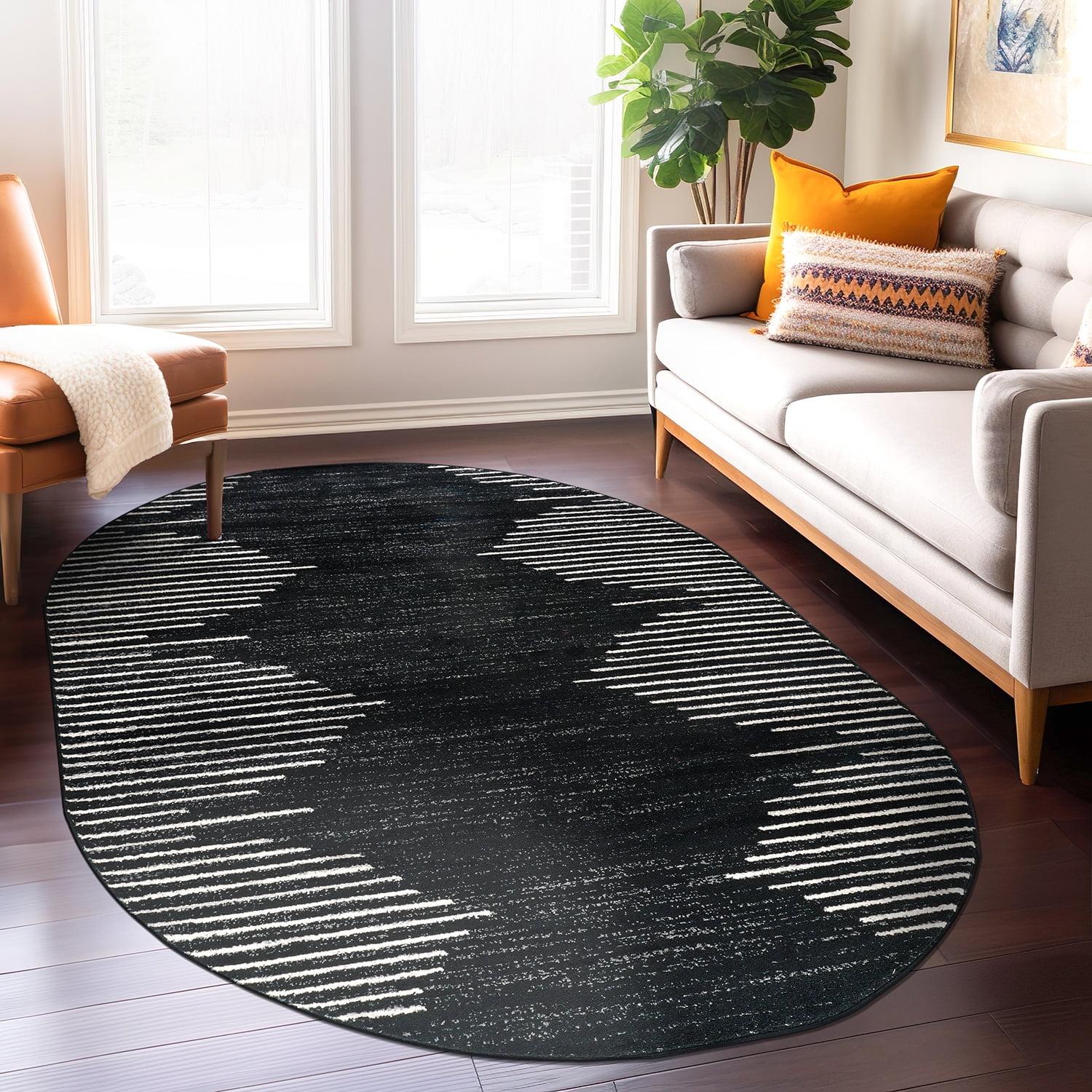 World Rug Gallery Indoor Area Rug Bohemian Stripe Jute Rug Carpets for Living Room Rugs for Sale - BLACK 5'x7' Oval
