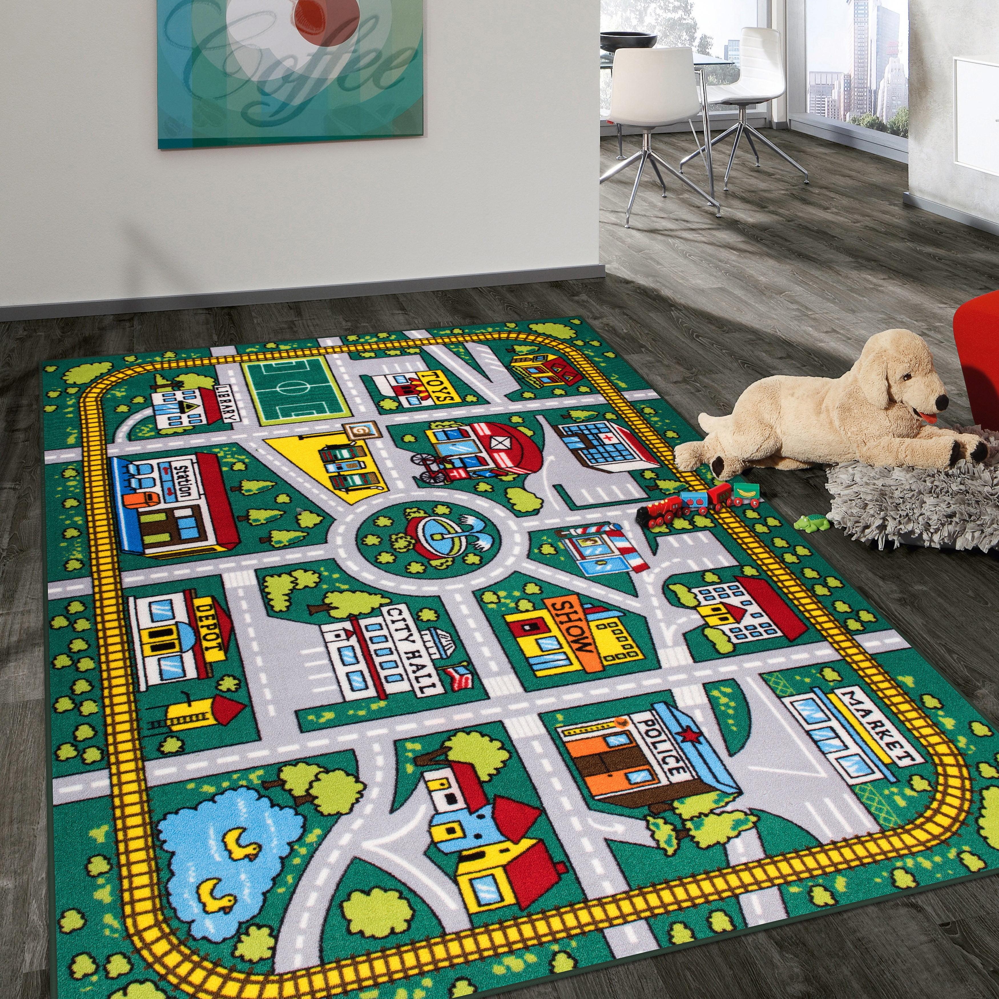 World Rug Gallery Kids Educational Learning City Life Road Non Slip Area Rug - Green 5' x 7'