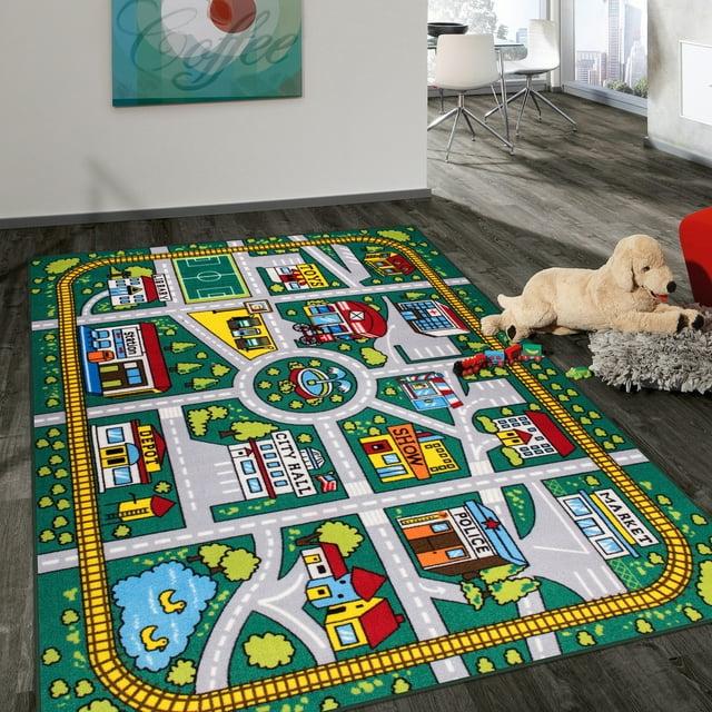World Rug Gallery Kids Educational Learning City Life Road Non Slip Area Rug - Green 5' x 7'