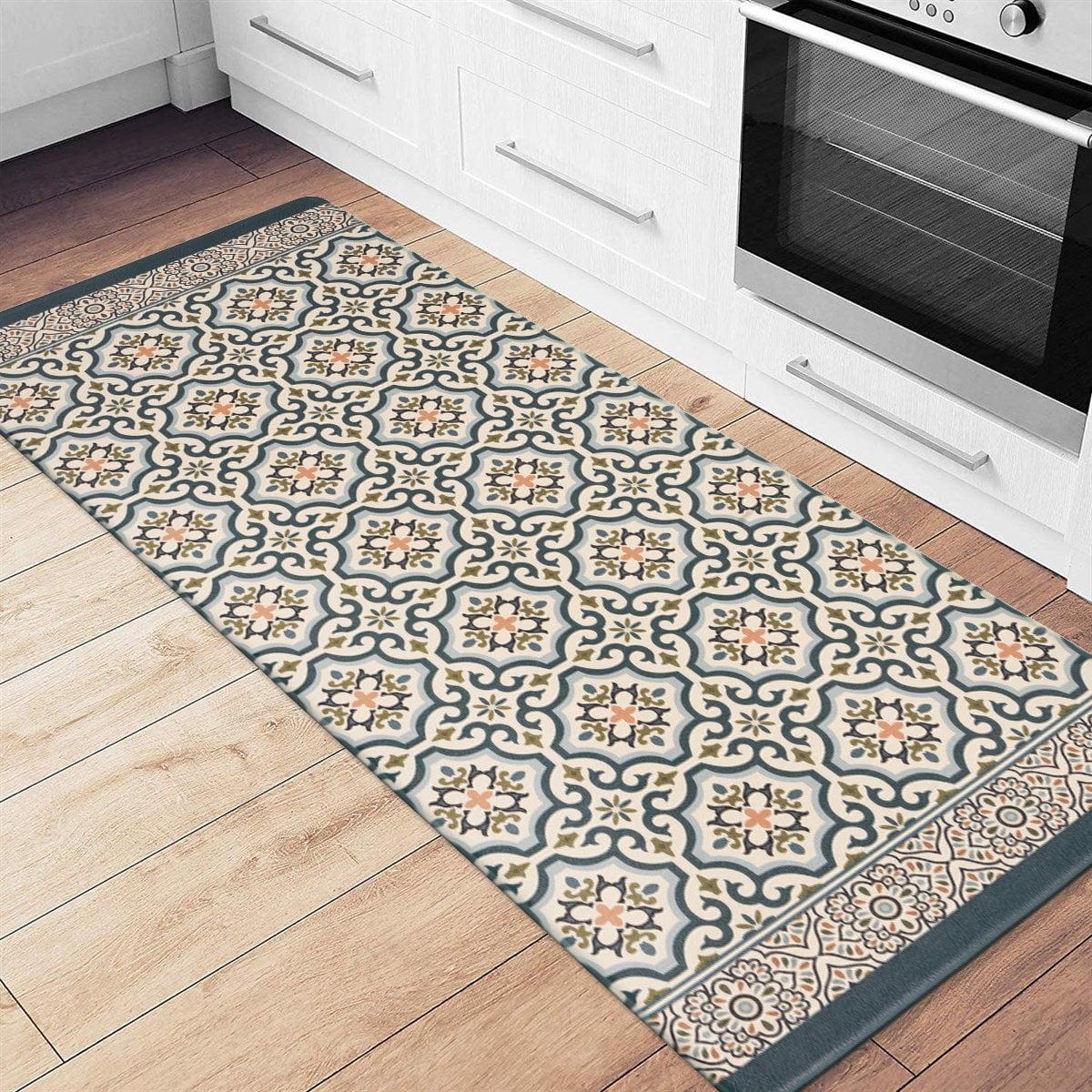 Blue Rectangular Anti-Fatigue Kitchen Mat with Pattern