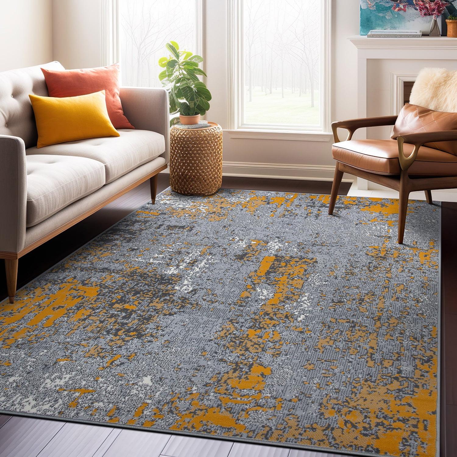 Mustard and Gray Modern Abstract 5' x 7' Stain-Resistant Area Rug