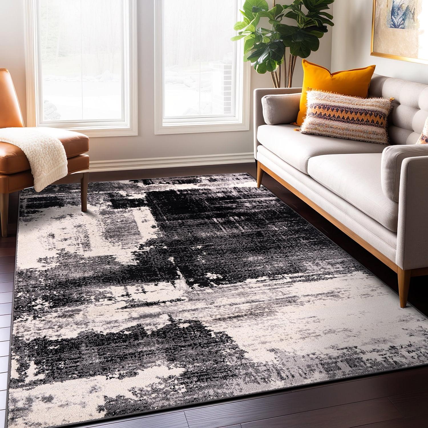 Black and Gray Abstract 5' x 7' Stain-Resistant Area Rug