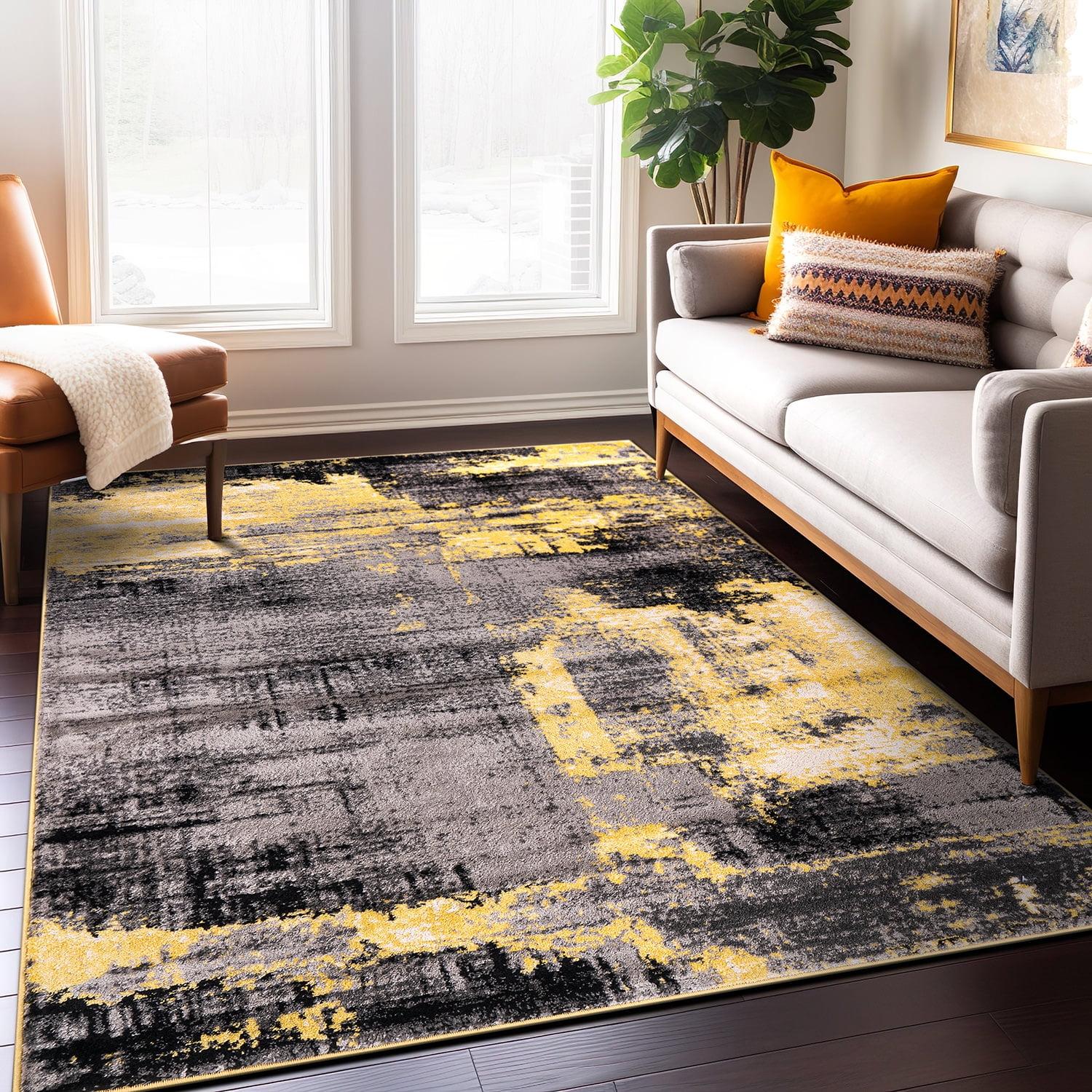 Yellow and Gray Abstract 5' x 7' Stain-Resistant Area Rug