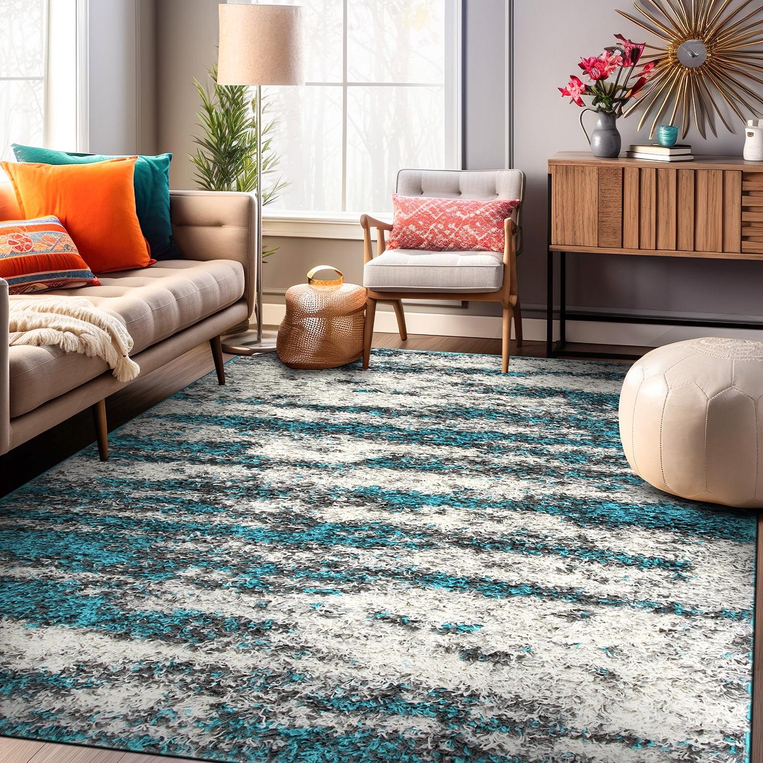 World Rug Gallery Modern Abstract Design Plush Shag Area Rug - Turquoise 5' x 7'