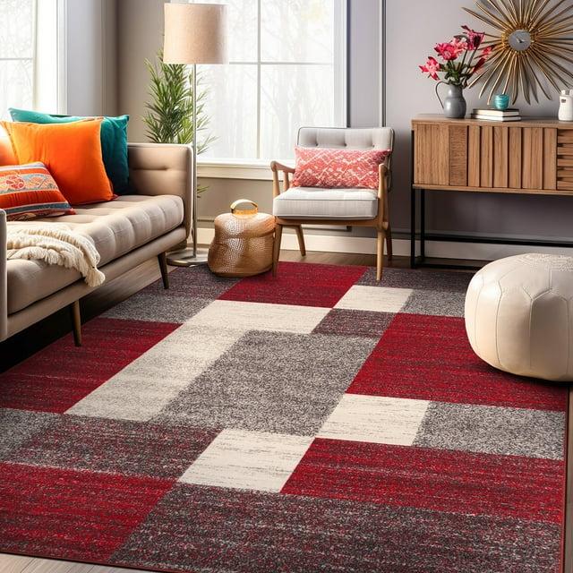 World Rug Gallery Modern Boxes Design Non-slip (Non-skid) Red 7'10" x 10' Area Rug