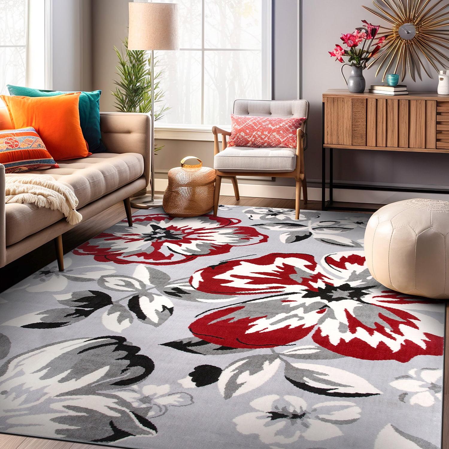 Red and Gray Floral Design 5' x 7' Area Rug