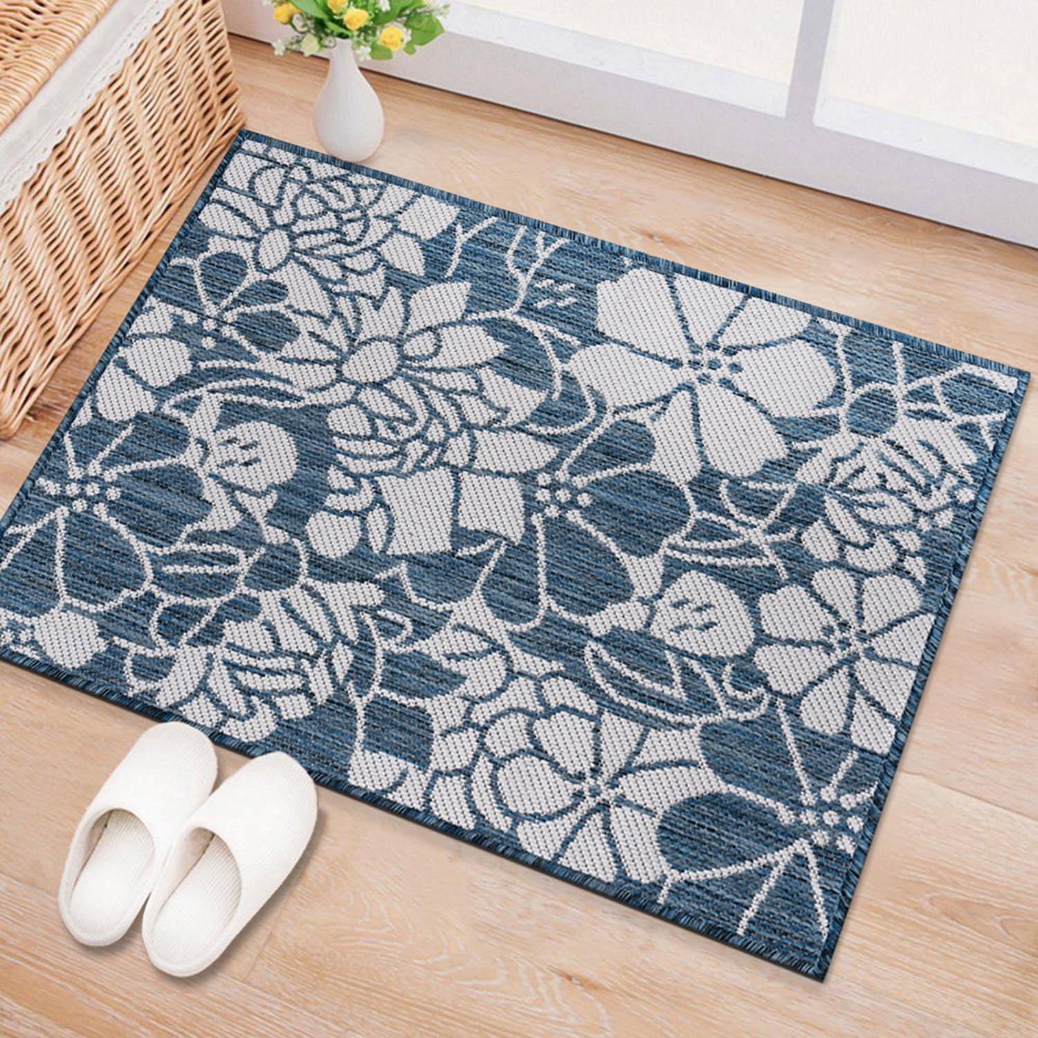 World Rug Gallery Modern Floral Flowers Textured Flat Weave Indoor/Outdoor Area Rug - NAVY 2'x3'