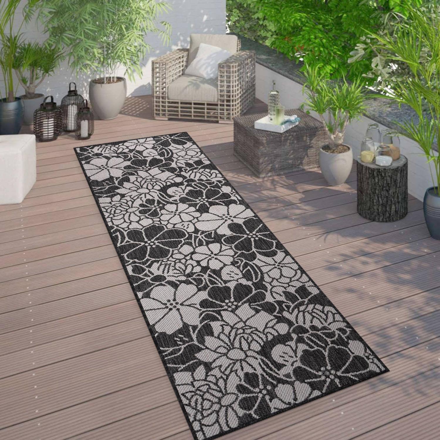 World Rug Gallery Modern Floral Flowers Textured Flat Weave Indoor/Outdoor Area Rug - BLACK 2'x7'