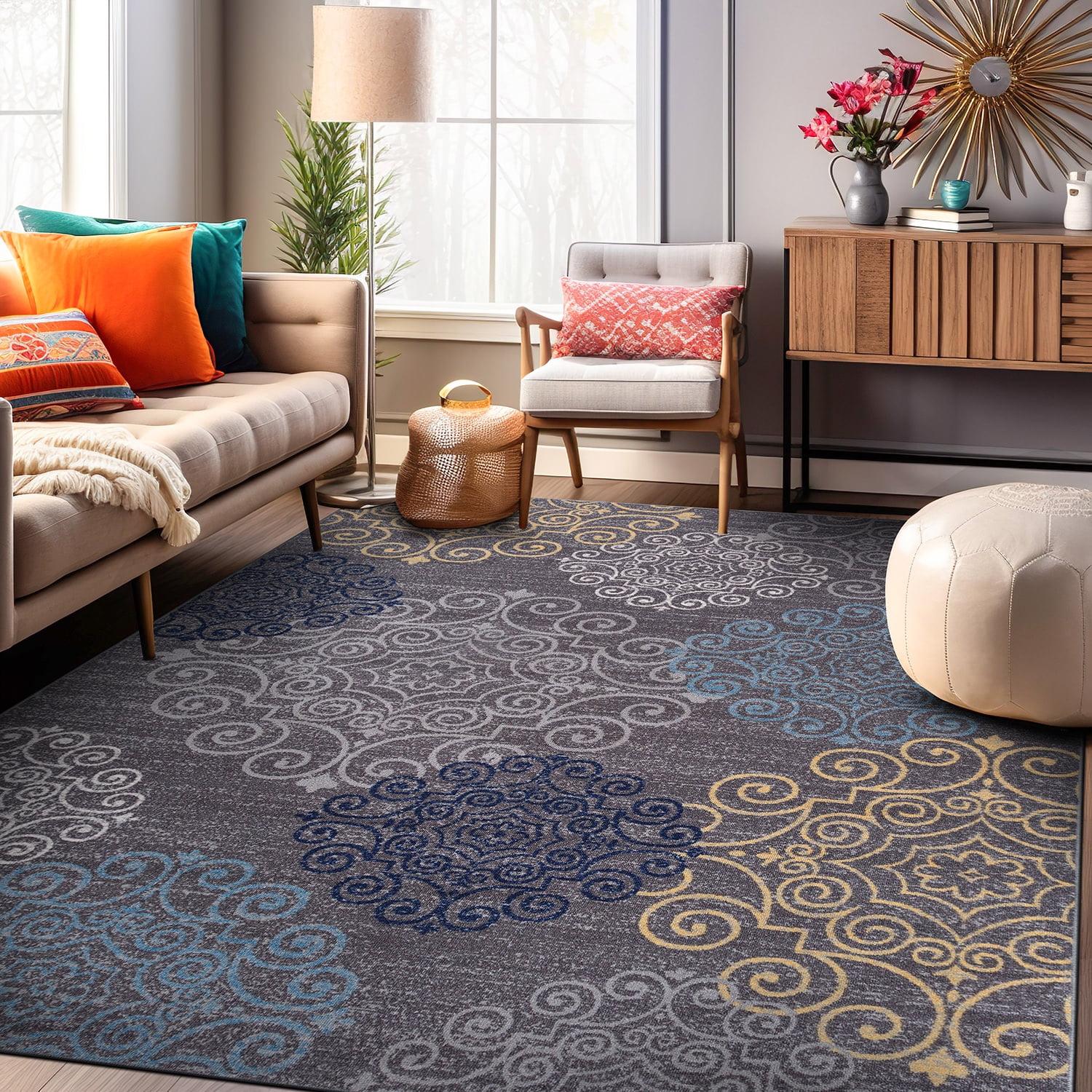 Gray and Blue Tufted Synthetic Rectangular Area Rug