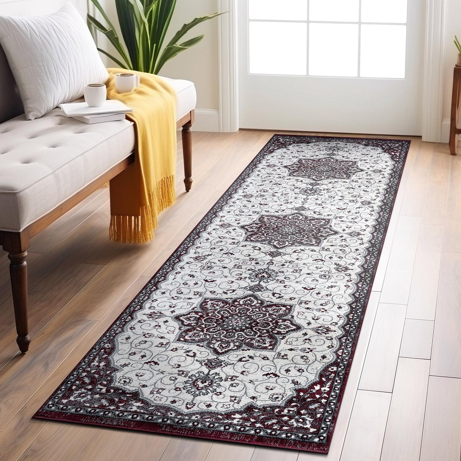 Burgundy and Ivory Medallion Synthetic Runner Rug