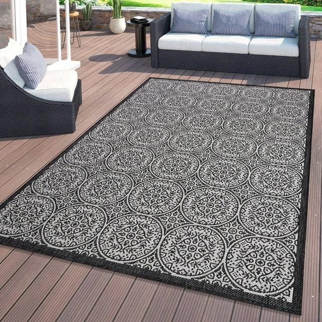 World Rug Gallery Transitional Floral Circles Textured Flat Weave Indoor/Outdoor Area Rug - BLACK 7'10"X10'