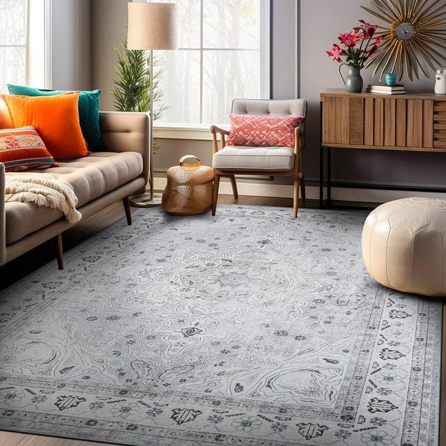 World Rug Gallery Transitional Medallion Machine Washable 7'7"x9'6" Gray Area Rug:  Stain-Resistant,  Flat Pile,  Indoor Use