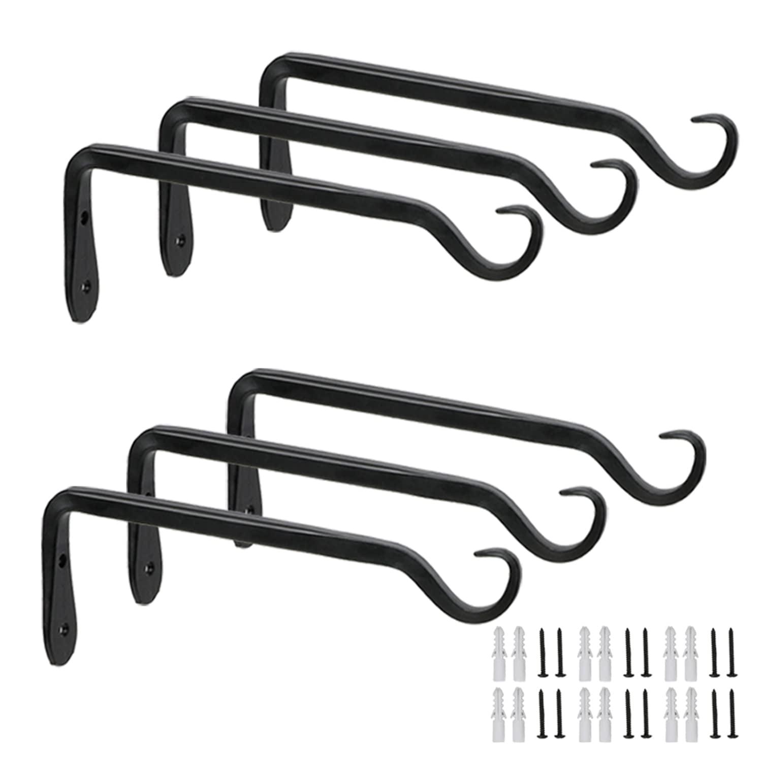 6-Pack 7" Plant Hanger Bracket - Forged Wrought Iron Powder-Coated Heavy Duty Wall Hook - Black Plant Hanging Hooks - Durable and Stable for Bird Feeders, Planters Indoor & Outdoor