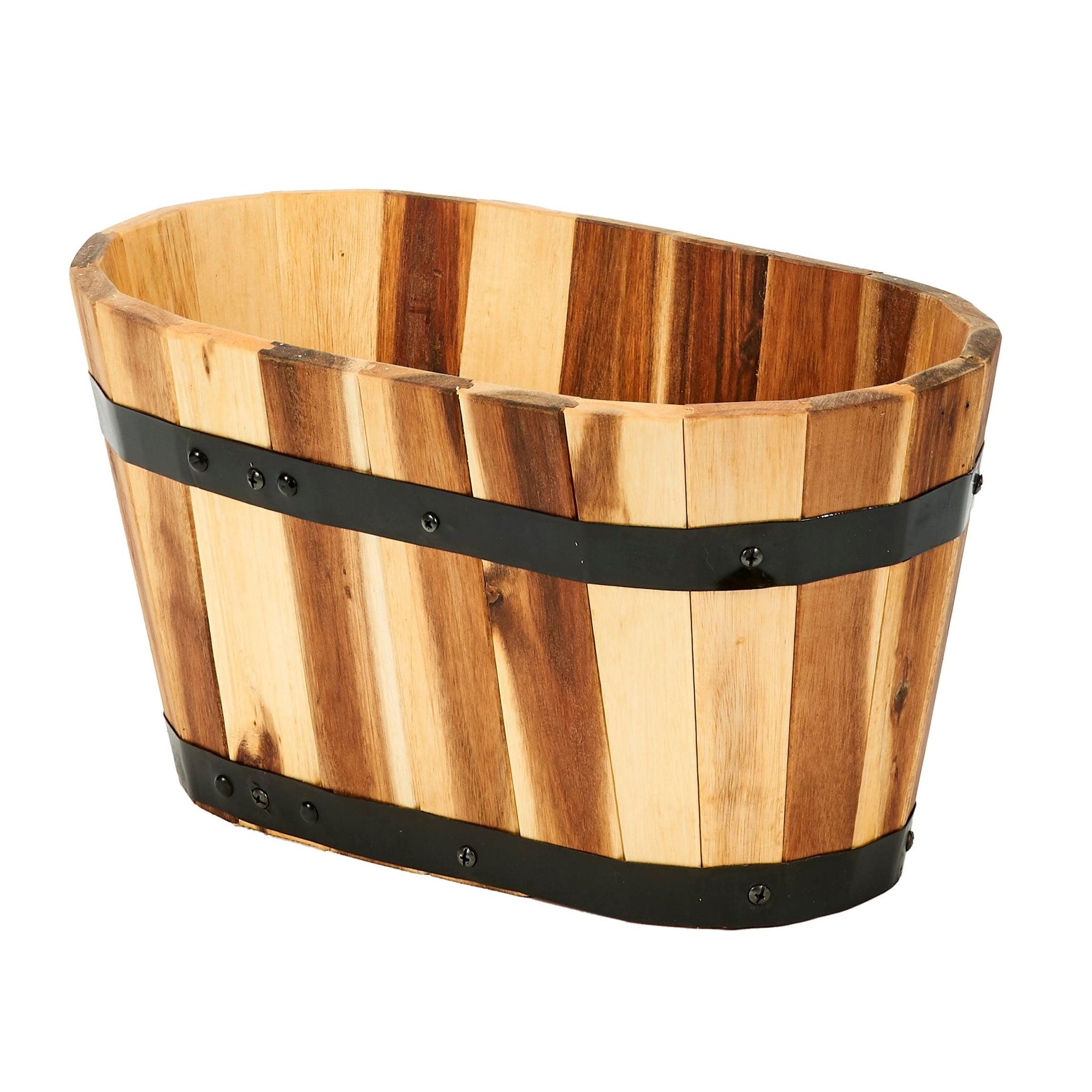 15" Brown Acacia Wood Oval Barrel Planter