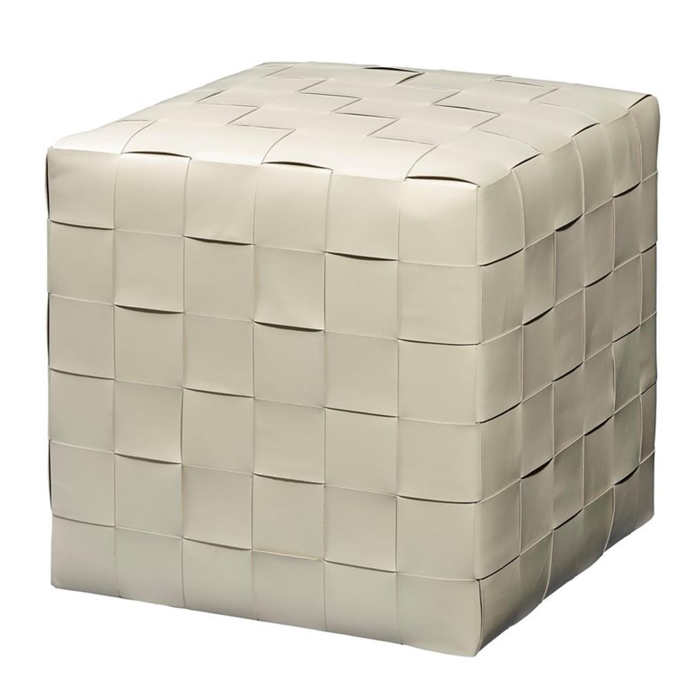 Cream Woven Leather Square Ottoman with Metal Feet