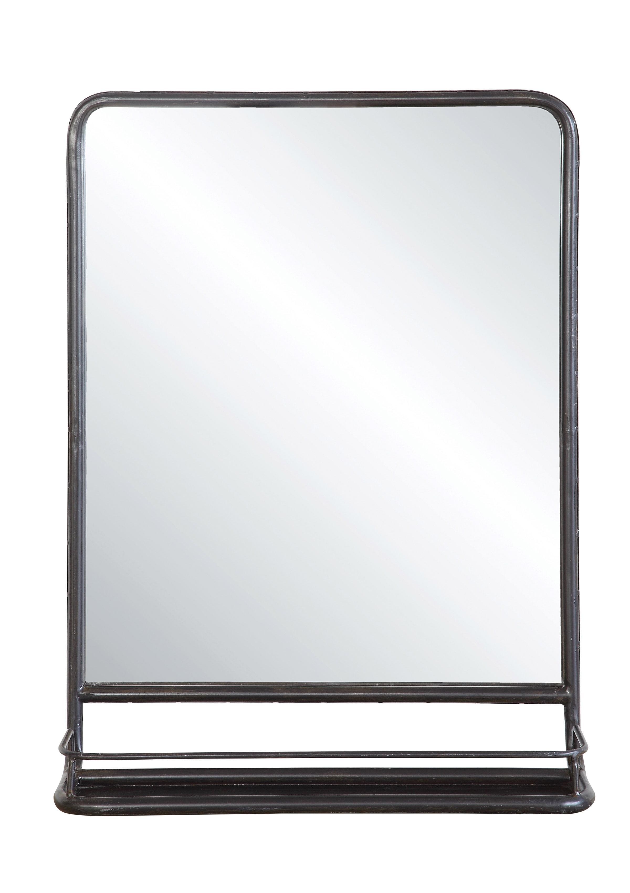 Elegant Industrial Silver Metal Wall Mirror with Shelf, 32" x 23.2"