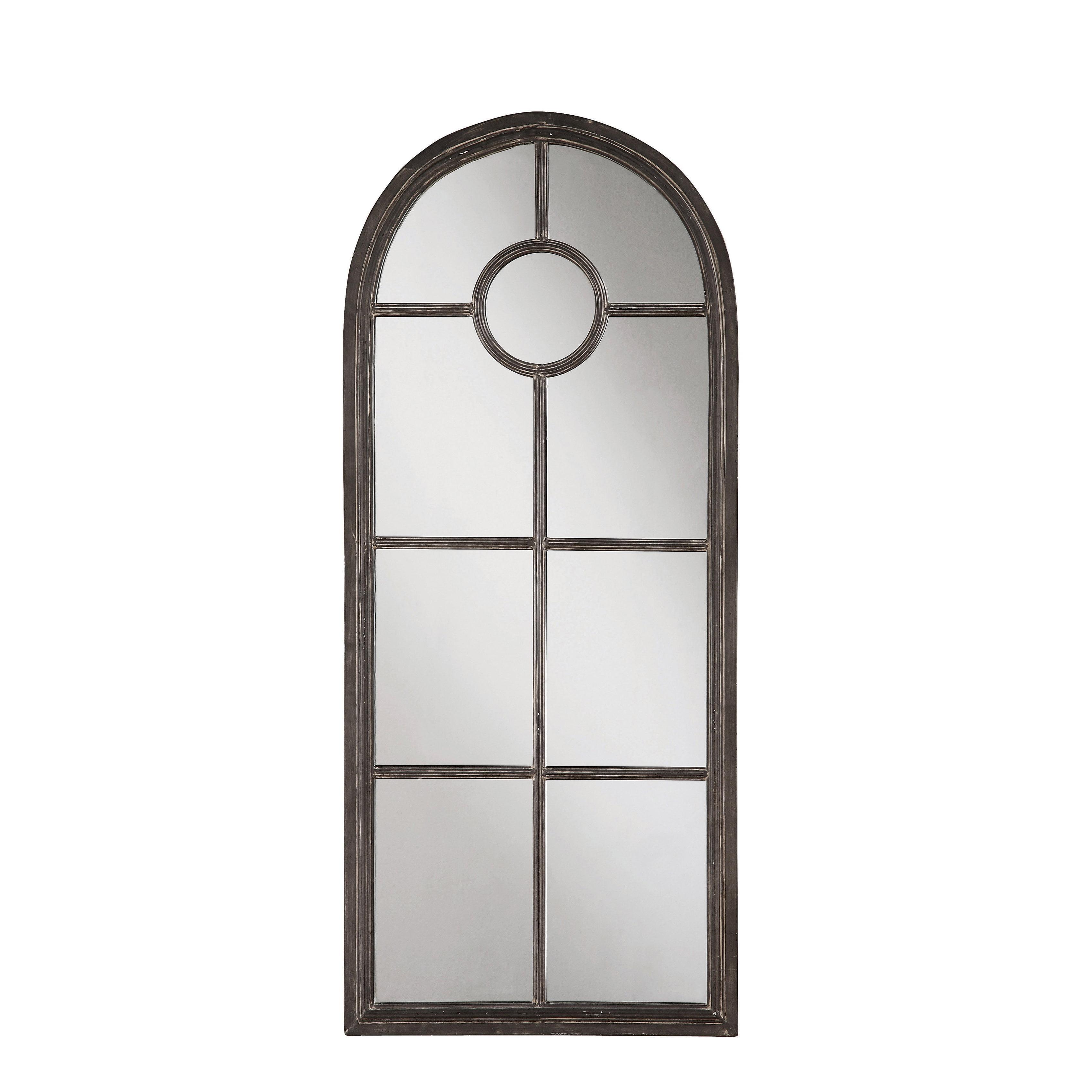 Vintage Arched Window Pane Wall Mirror in Distressed Black