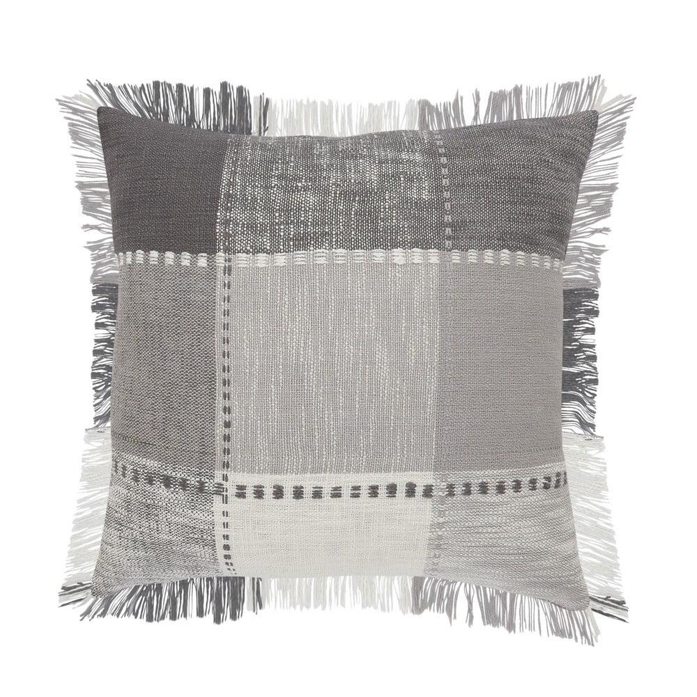 Gray and White Plaid Fringed 20" Square Throw Pillow