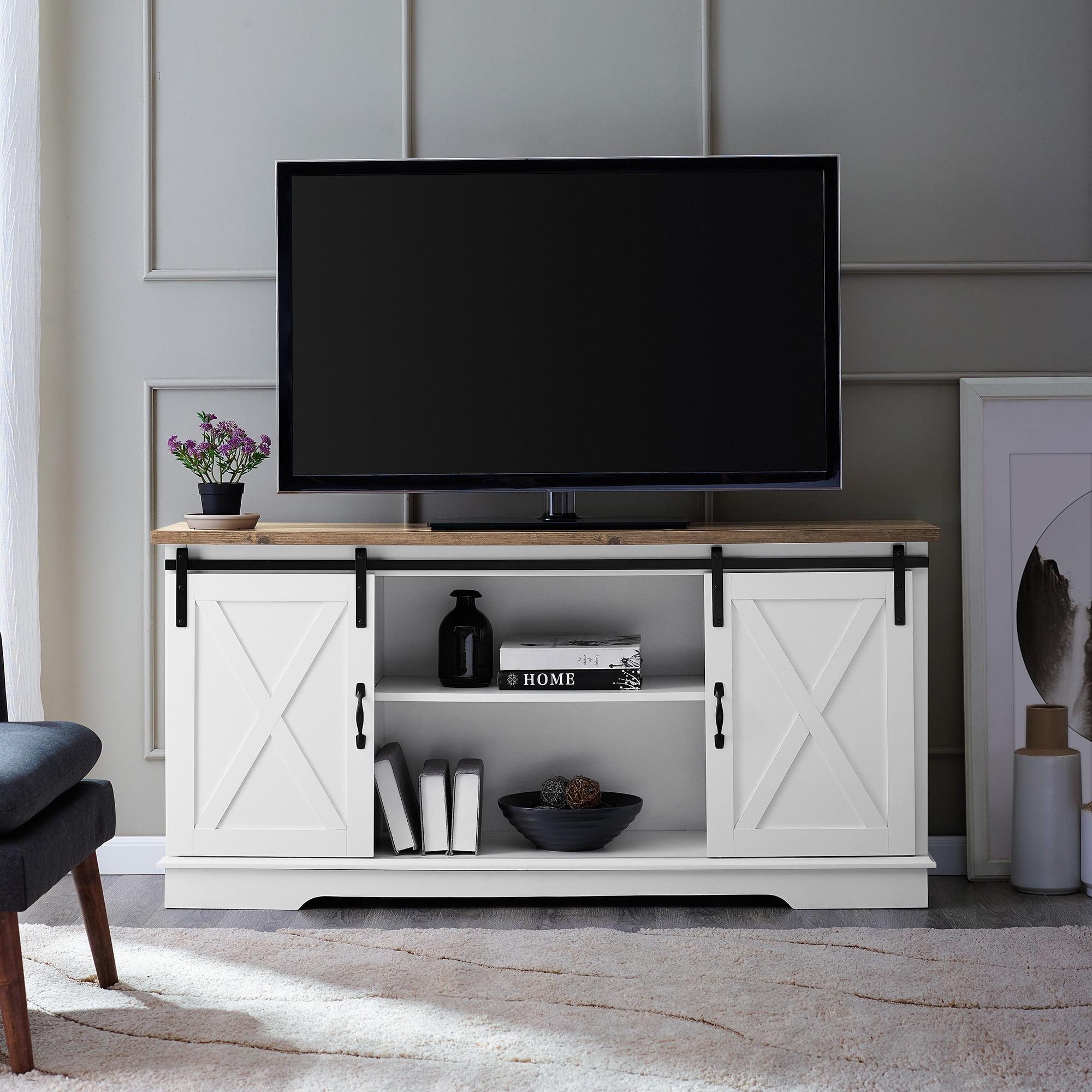 Walker Edison Farmhouse Sliding Barn Door TV Stand for TVs up to 65", White/Reclaimed Barnwood
