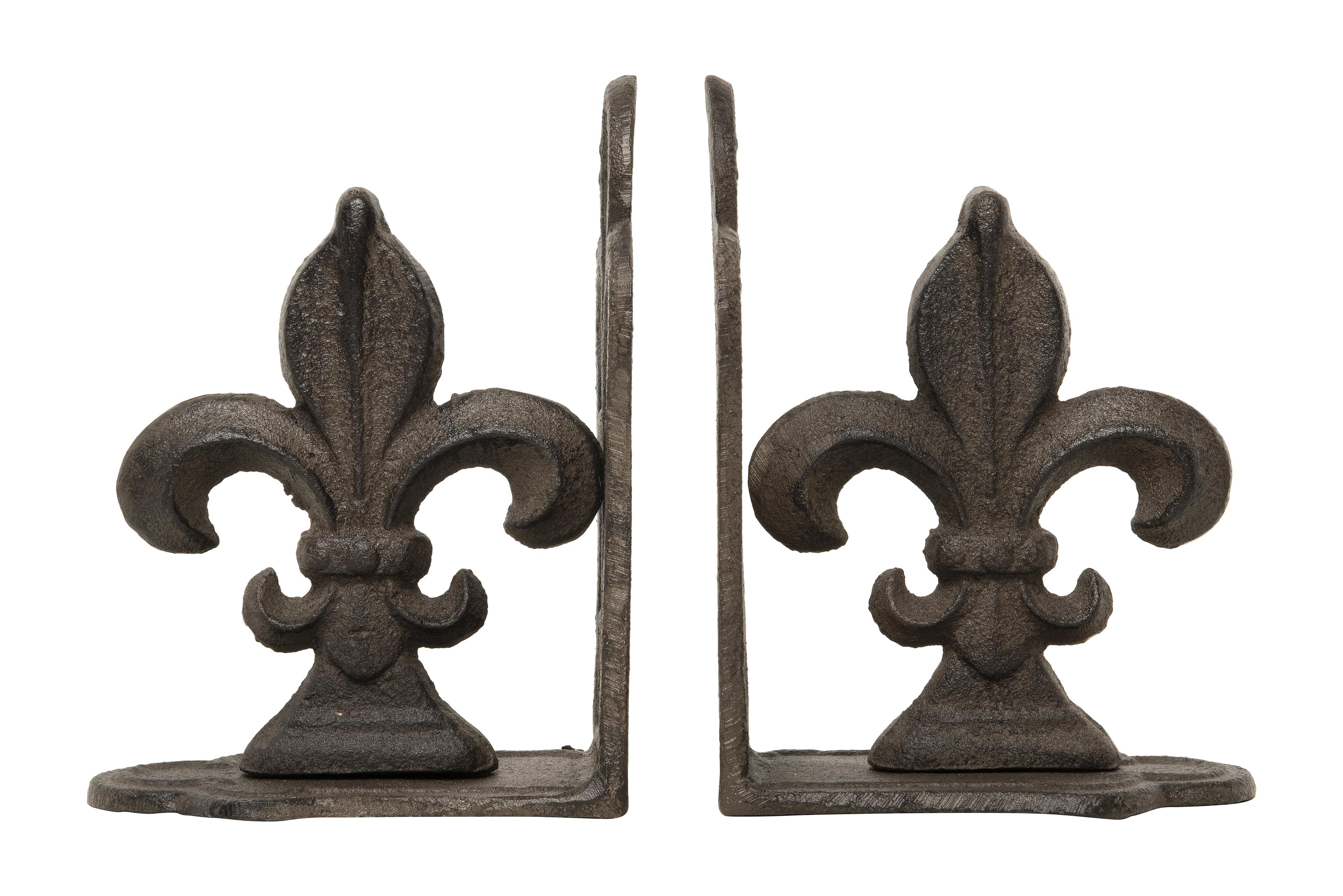 Storied Home Decorative Metal Fleur de Lis Bookends, Brown, Set of 2