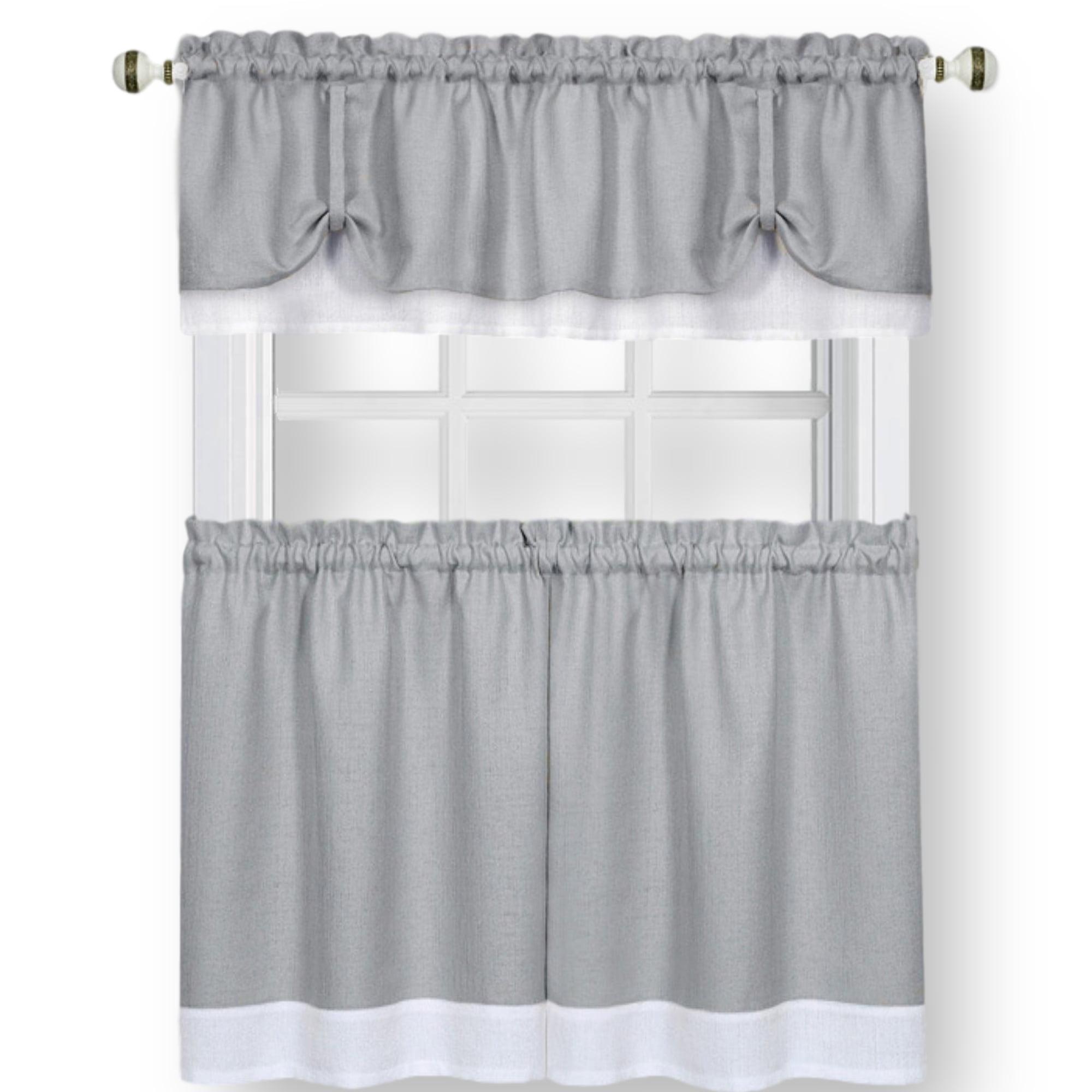 Gray and White Polyester Window Curtain Tier and Valance Set