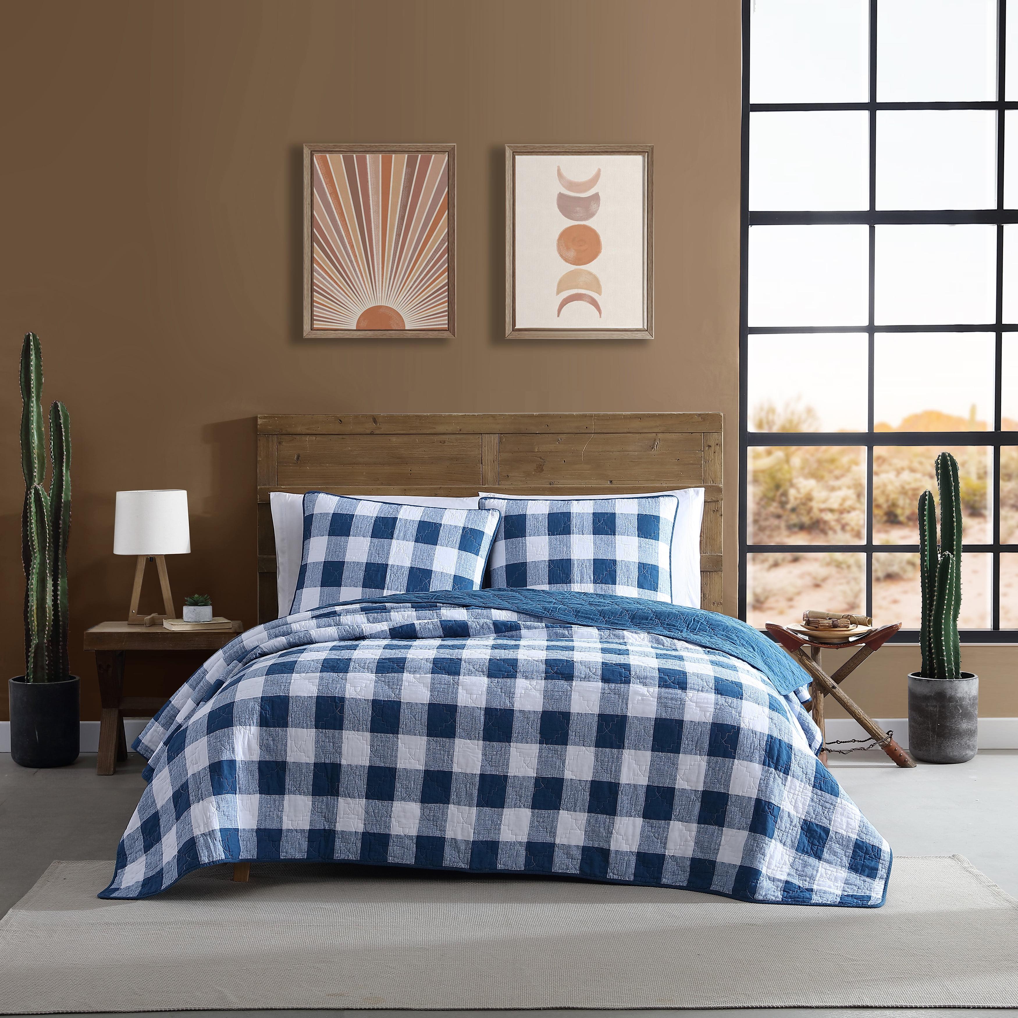 King Blue Cotton Reversible Quilt Set with Shams