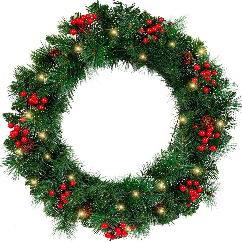 💐 Wreath door hanger 24" Pre-Lit Artificial Christmas Wreaths for Front Door Decorated with Pine Cones, Red Berries, Frosted Branches, 50 LED Lights for Indoor Outdoor Christmas Decorations
