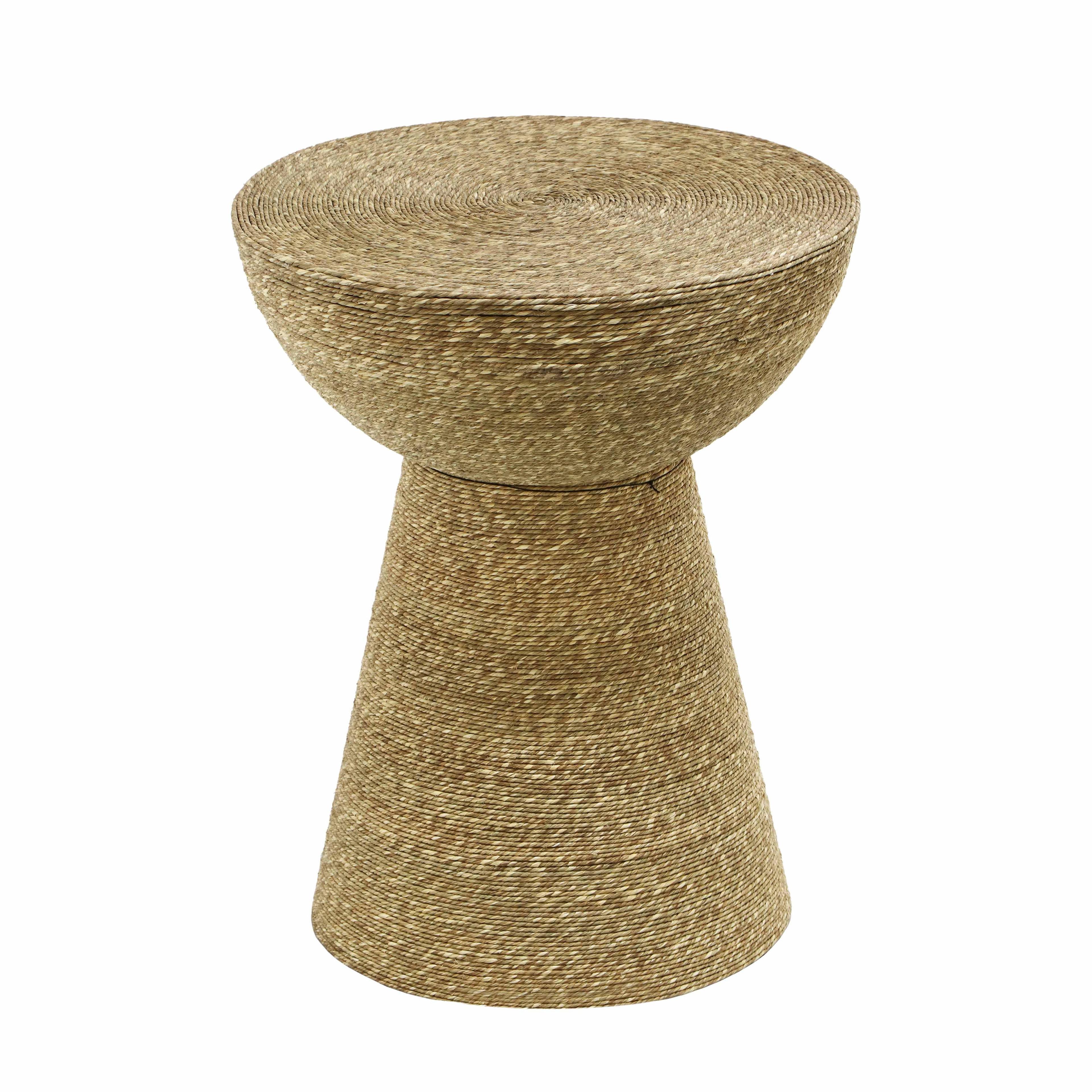 Beige Round Seagrass and Iron Side Table