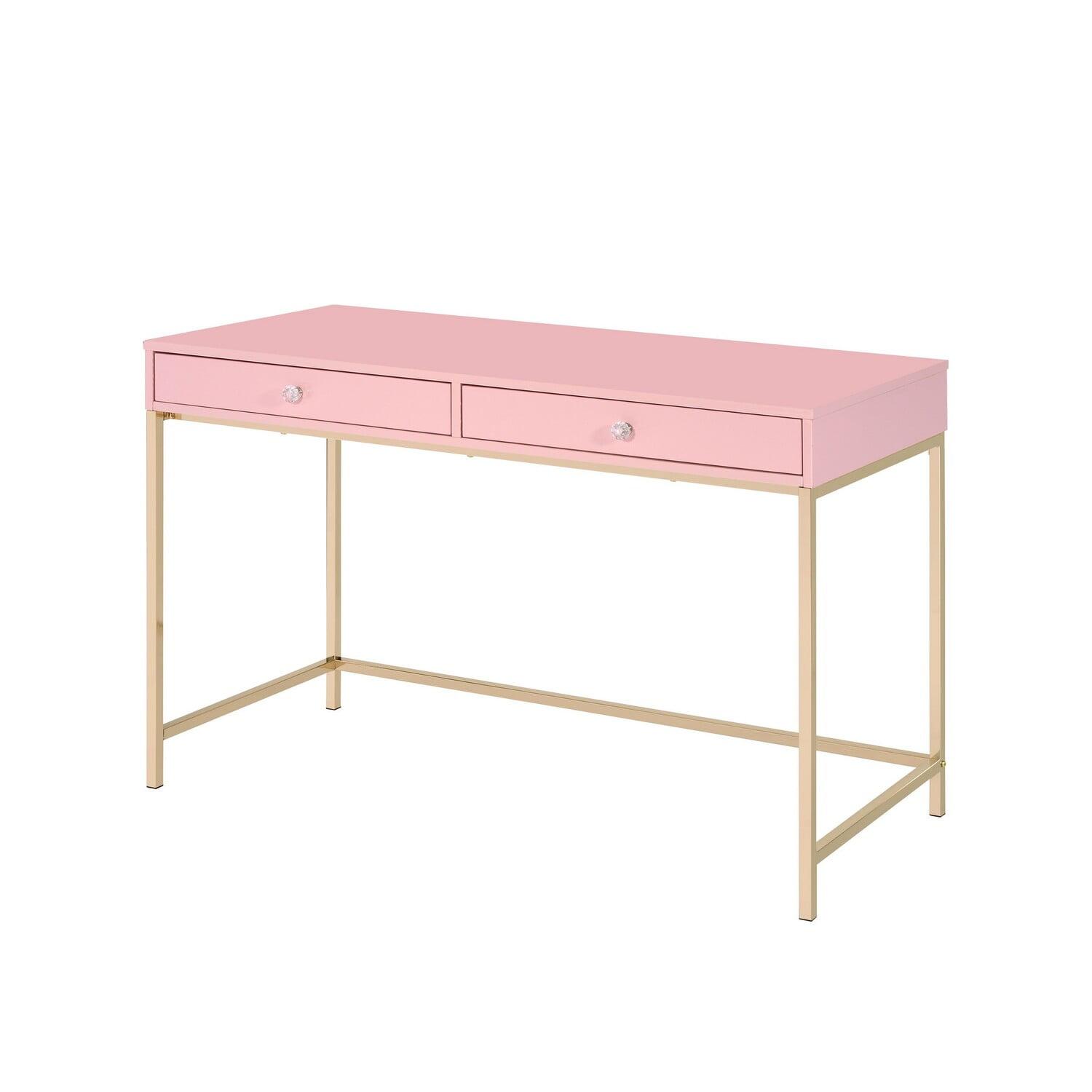 DeeHome Pink High Gloss and Gold 2-drawer Writing Desk