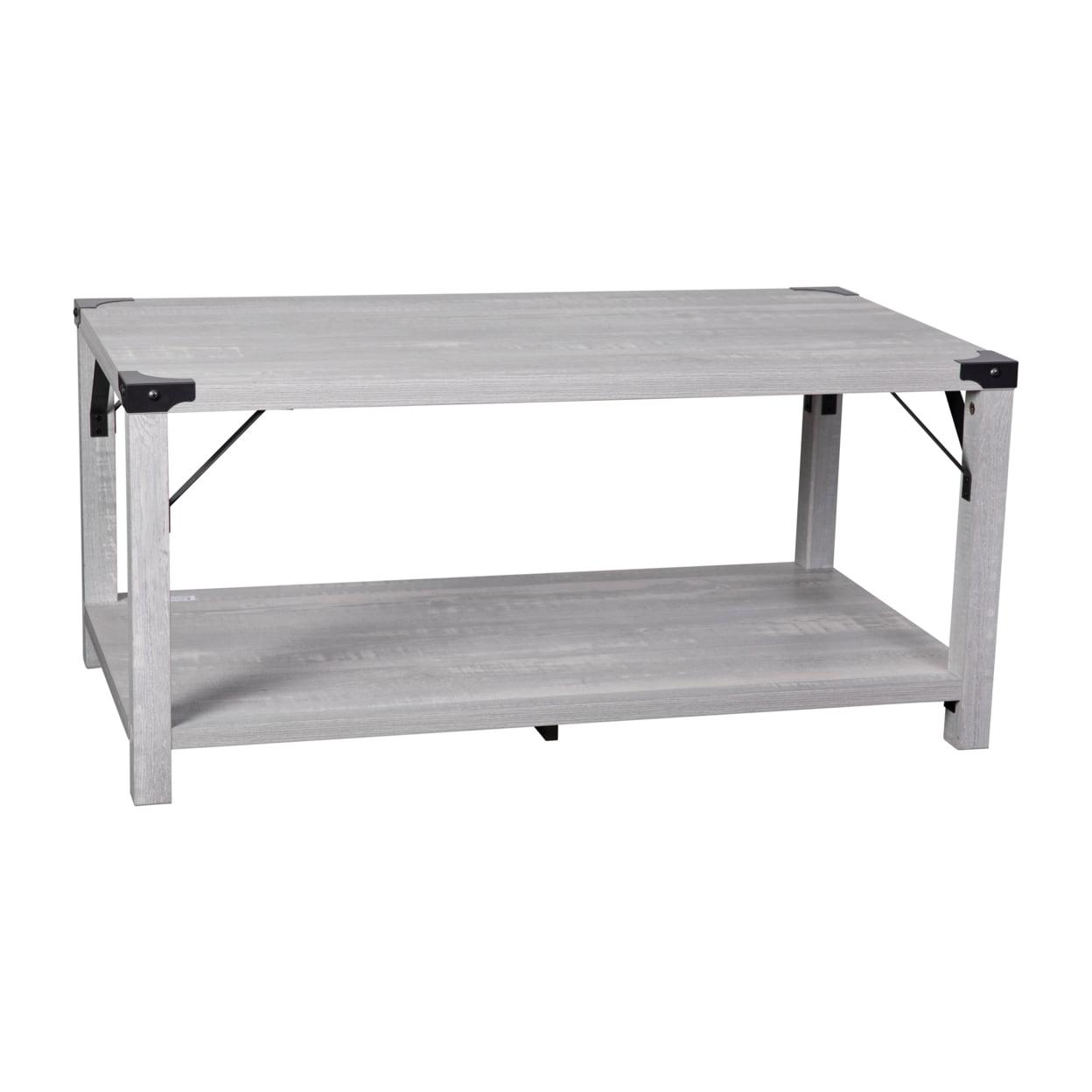Flash Furniture Wyatt Modern Farmhouse Wooden 2 Tier Coffee Table with Black Metal Corner Accents and Cross Bracing, Aspen Gray