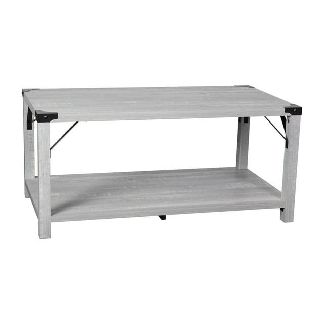 Flash Furniture Wyatt Modern Farmhouse Wooden 2 Tier Coffee Table with Black Metal Corner Accents and Cross Bracing, Aspen Gray