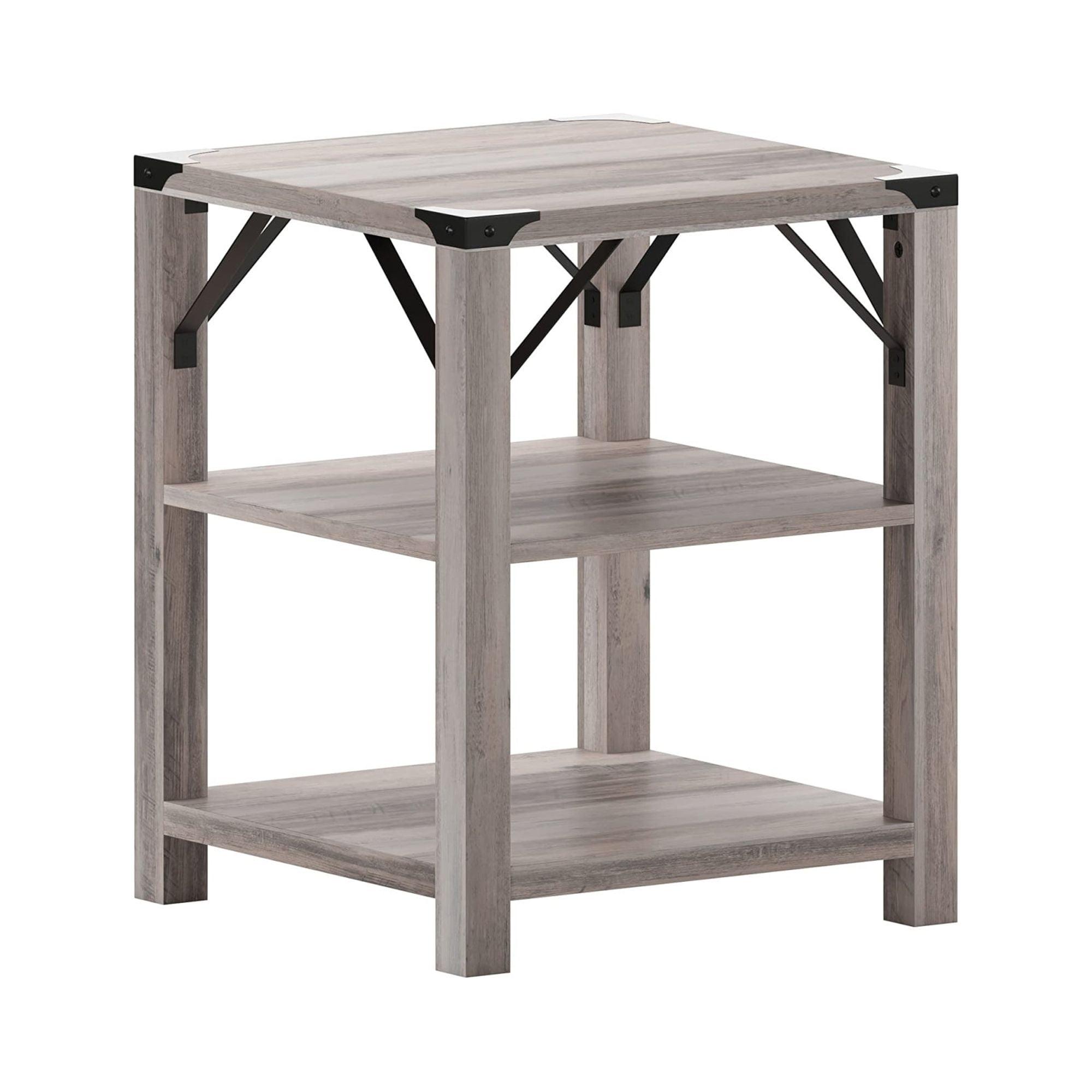 Wyatt 17.5" Square Gray Wash Modern Farmhouse End Table with Metal Accents