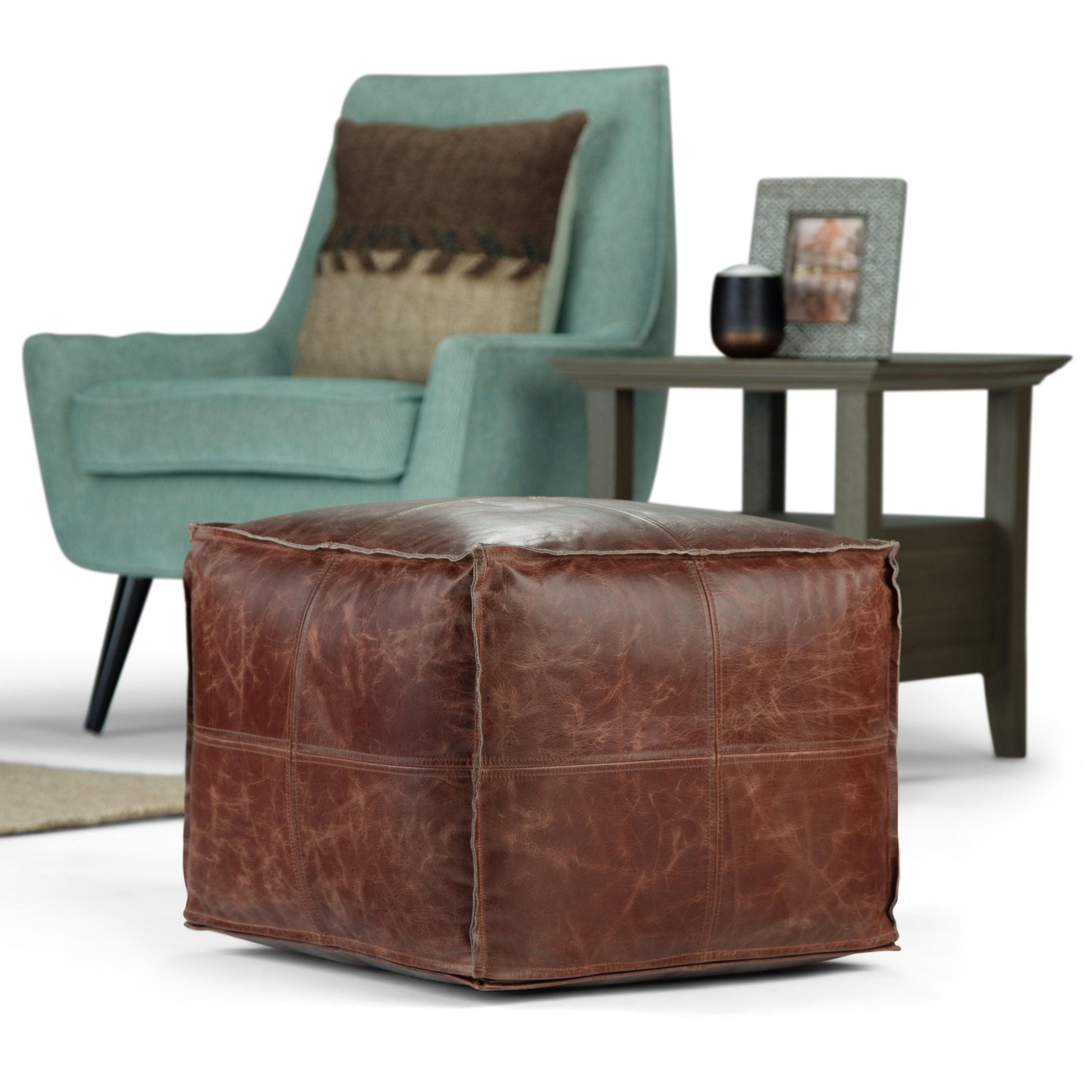 Erving Square Pouf Brown - WyndenHall: Genuine Buffalo Leather, Mid-Century Modern, No Assembly Required