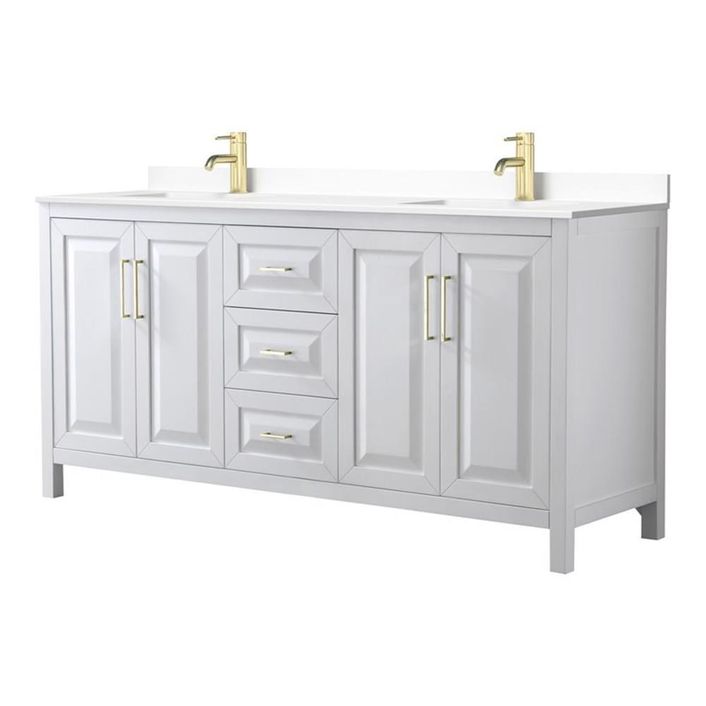 Elegant 72" White Double Bathroom Vanity with Cultured Marble Top and Brushed Gold Trim