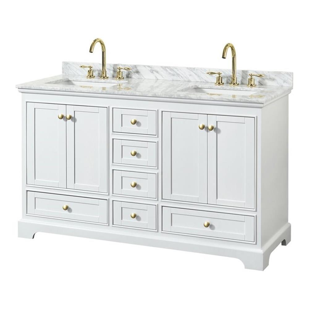 Deborah 60" White and Gold Double Bathroom Vanity with Marble Top